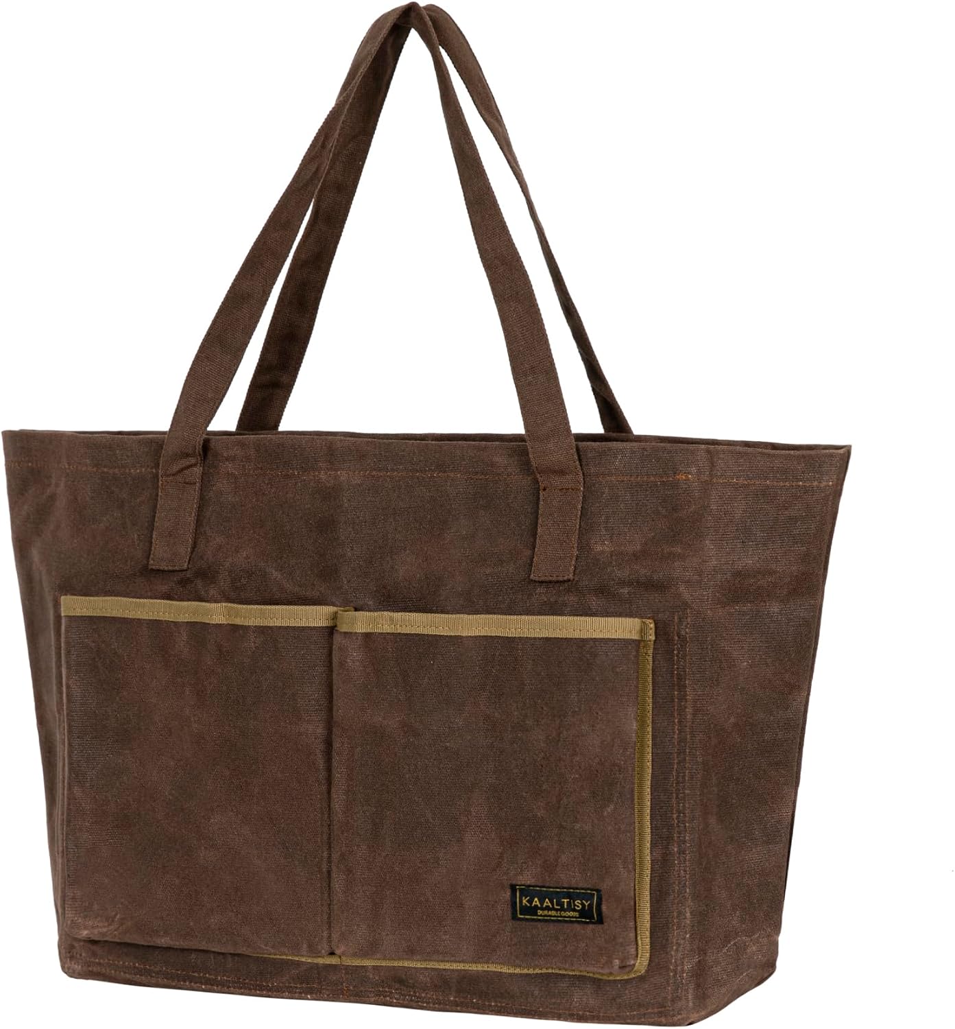 Kaaltisy Item Storage Bag, Heavy Duty 16oz Waxed Canvas Grocery Bag - with 4 Inner Slots, Front Slip Pockets & Back Zipper Pocket for Shopping & Outdoor Use | Brown | Reusable Canvas Market Bag
