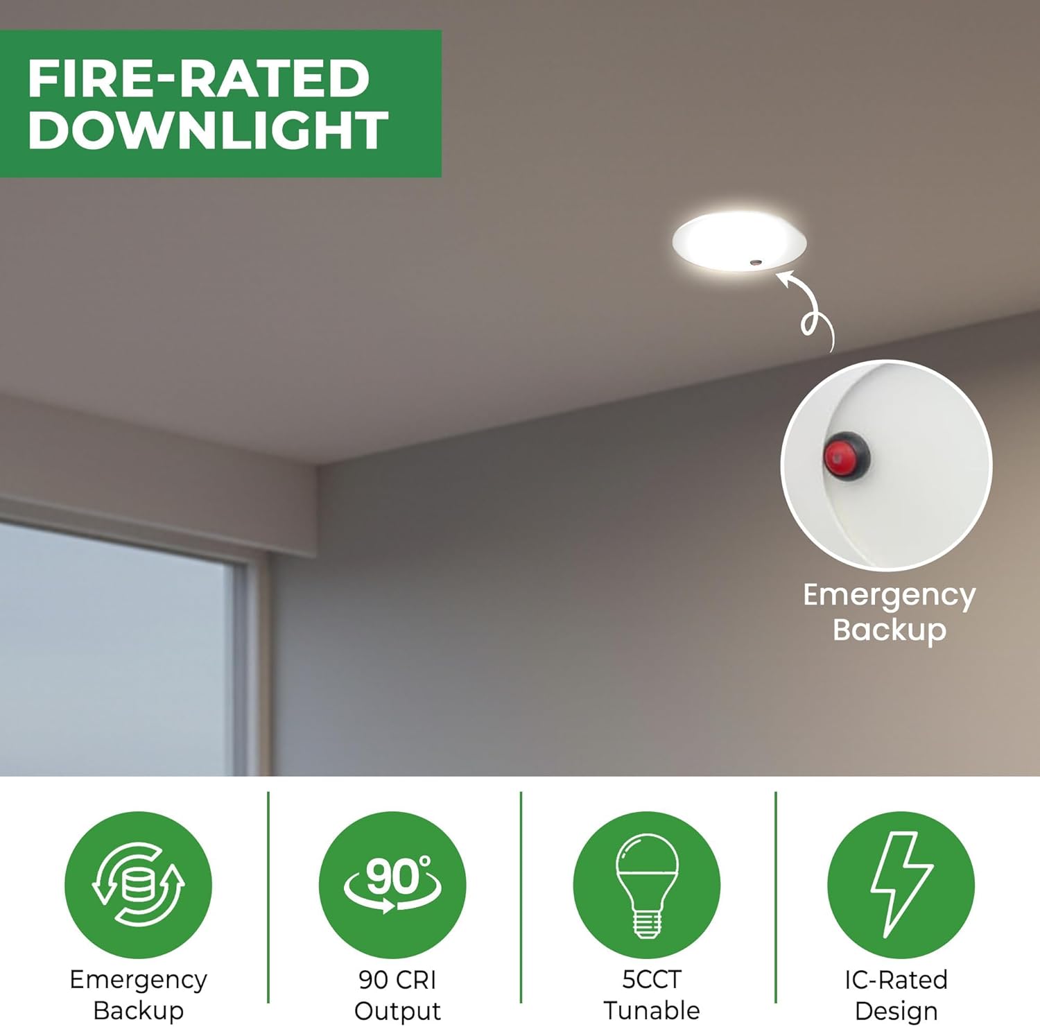 E2 LIGHTING 6 Inch Downlight with 8W Emergency Battery(2Hrs Fire-Rated), 5 CCT Tunable 2700K-5000K, Indoor Commercial and Residential Recessed Light,120-277V