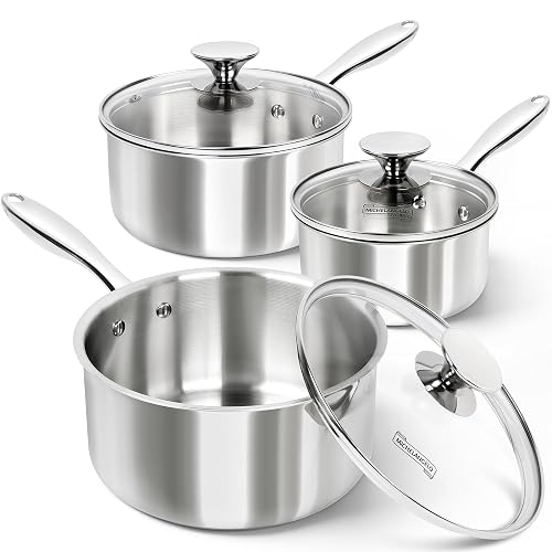 MICHELANGELO Triply Stainless Steel Saucepan Set with Lids 6pcs, Stainless Steel Pot Set, Kitchen Pot Set Induction Compatible, 1QT & 2QT & 3QT - Full Tri-Ply - 1QT+2QT+3QT