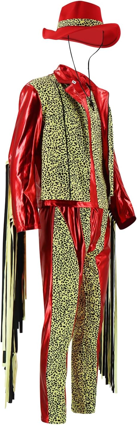 Wrestler Randy Costume Halloween Wrestler Cosplay Outfit Leopard Vest with Fringe Jacket Trousers Hat Sunglassses