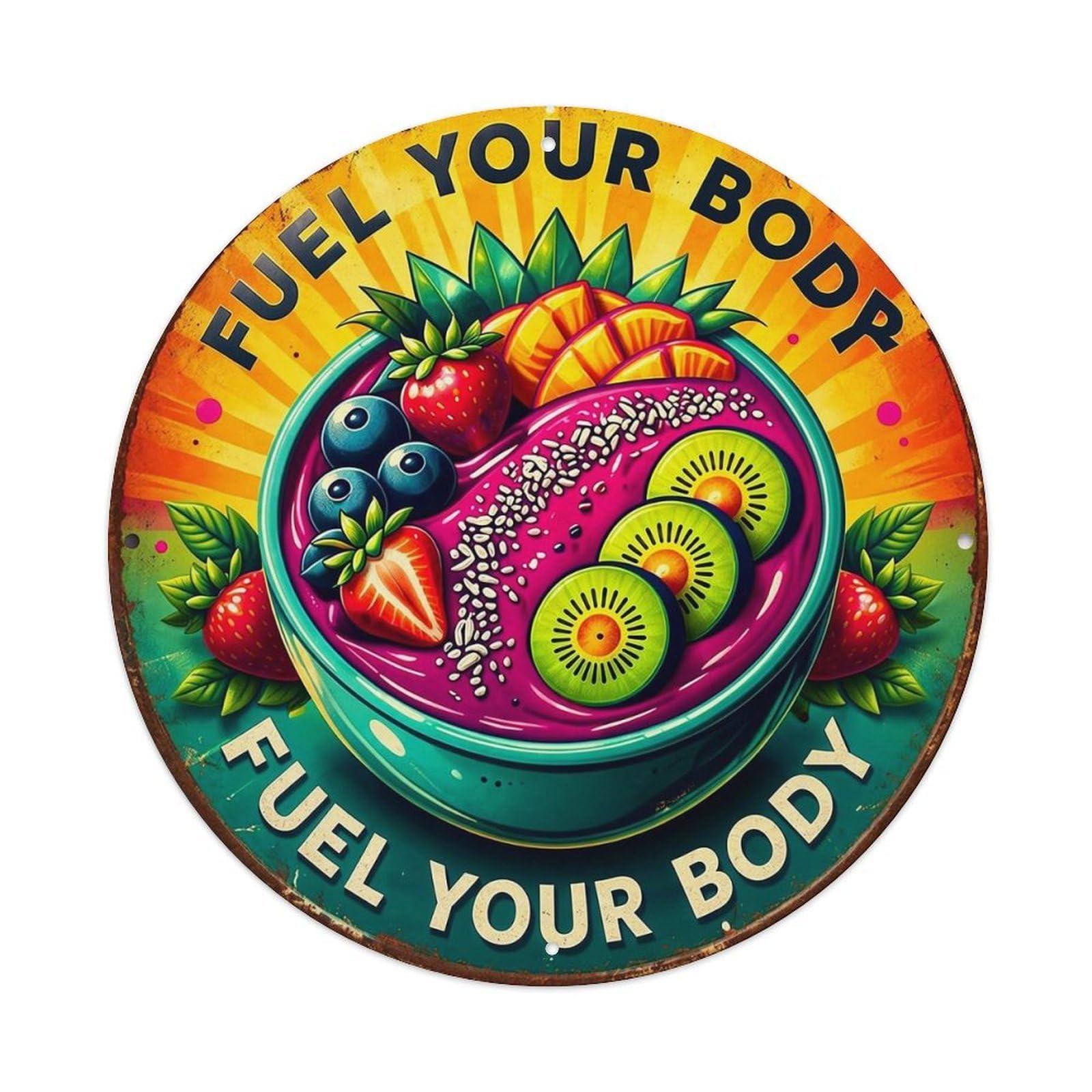 Fruit Smoothie Bowl Artwork Design Retro Metal Sign Round Tin Sign, Vintage Decor Art Poster for Bar, Home, Man Cave, Kitchen, Laundry Room Gift 8x8Inch