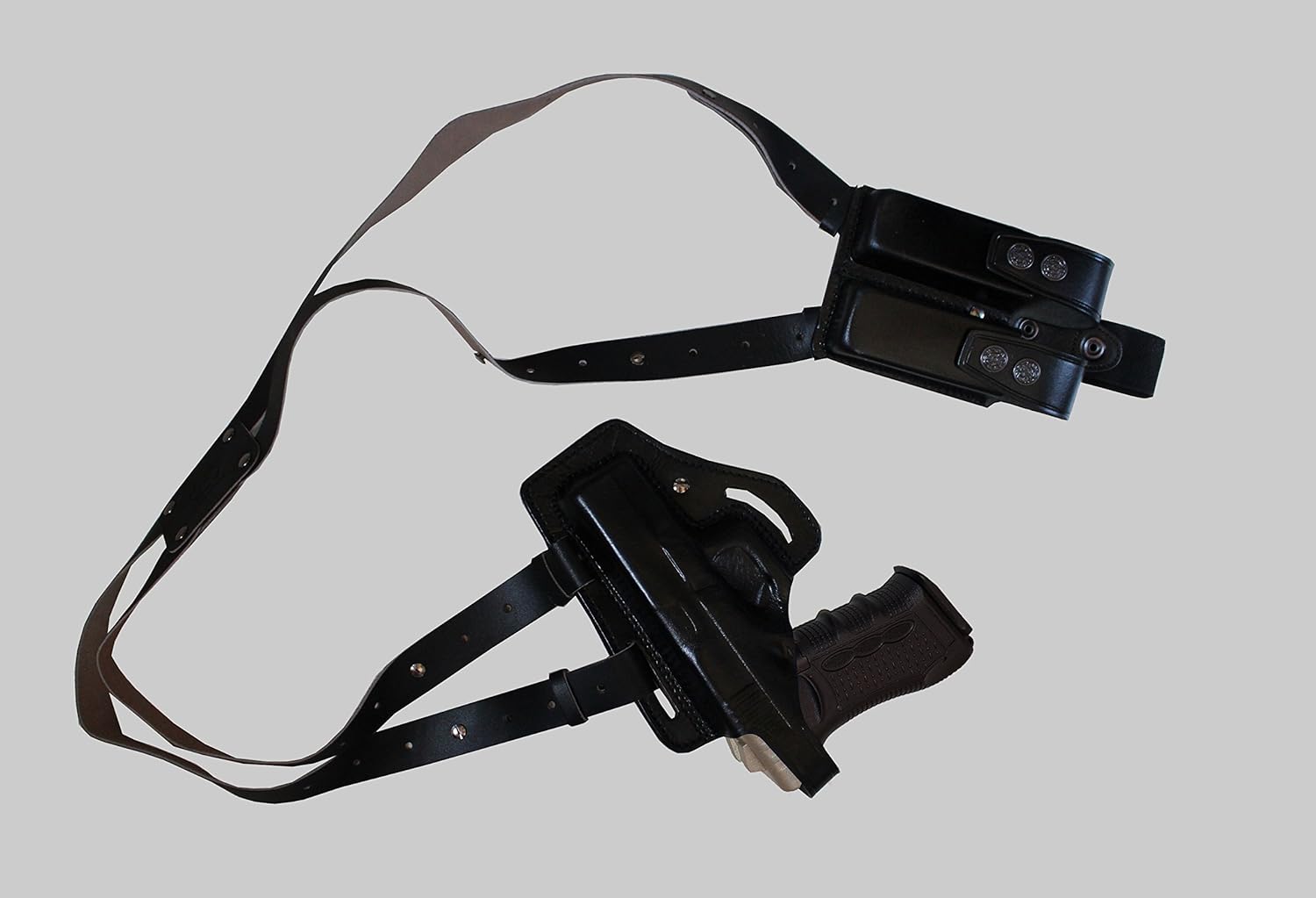KHS339 Horizontal Shoulder & Belt Holster with Double Magazine Pouch Thumb Break RH Fits Glock 19 Handmade! Free Extension for Big Body Size! (Black)