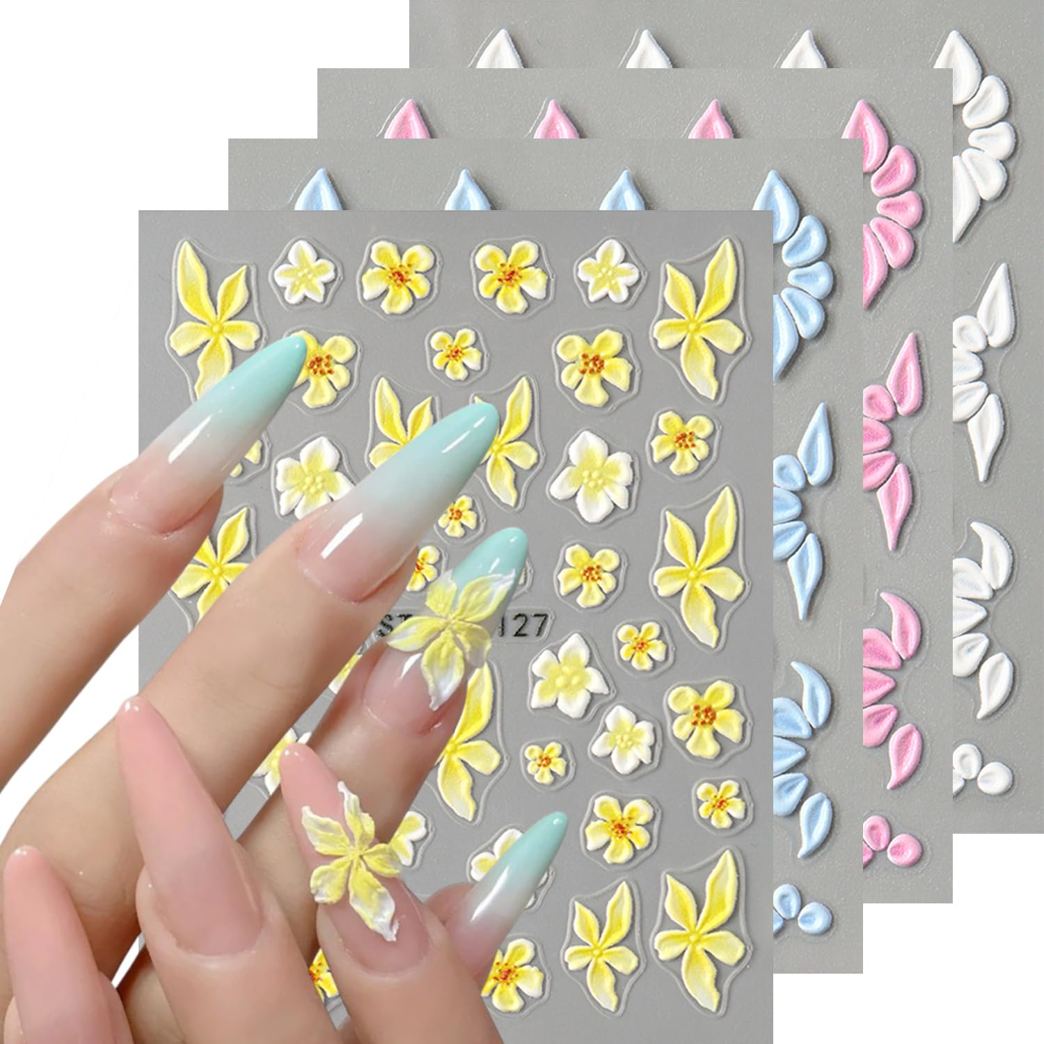 4 Sheets Flowers Nail Art Stickers Decals 5D Embossed Self-Adhesive Yellow Blue Pink White Floral Nail Stickers Spring Summer Nail Decals for Acrylic