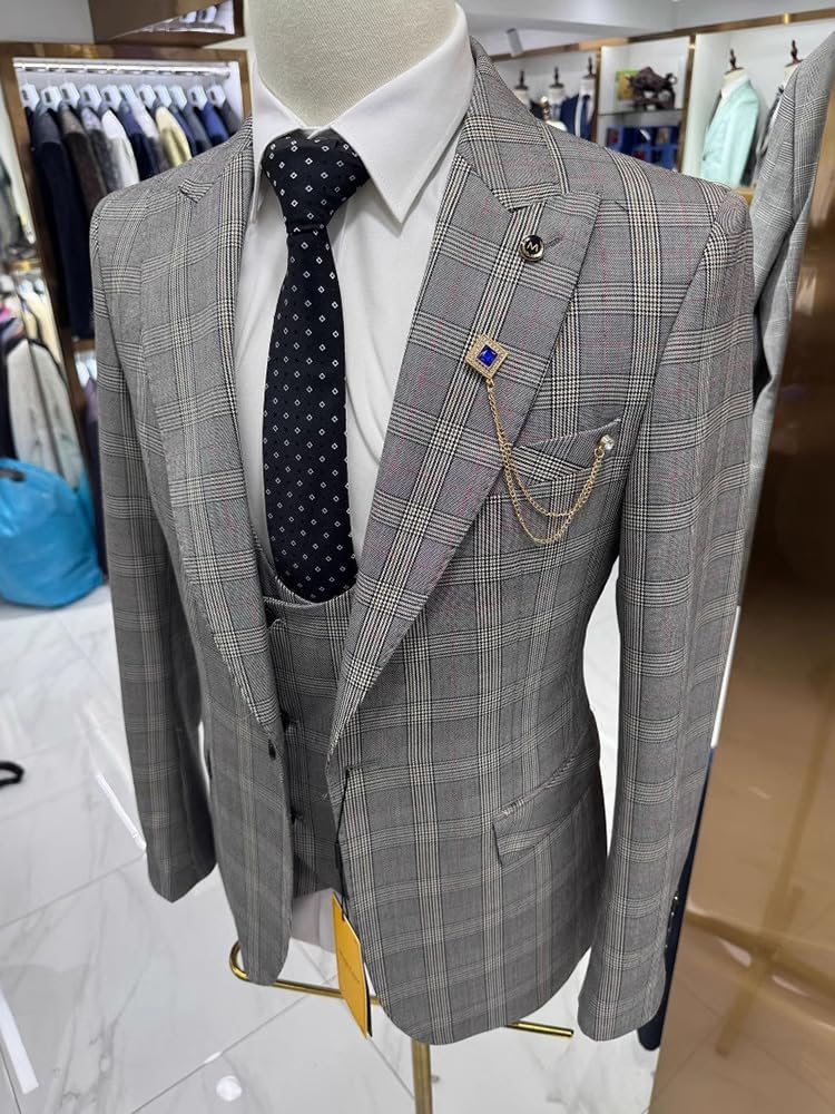 Men's Suits 3 Pieces Check Plaid Suits Set One Button Plaid Tuxedos Blazer Vest Pants Wedding Formal Dress Party Prom