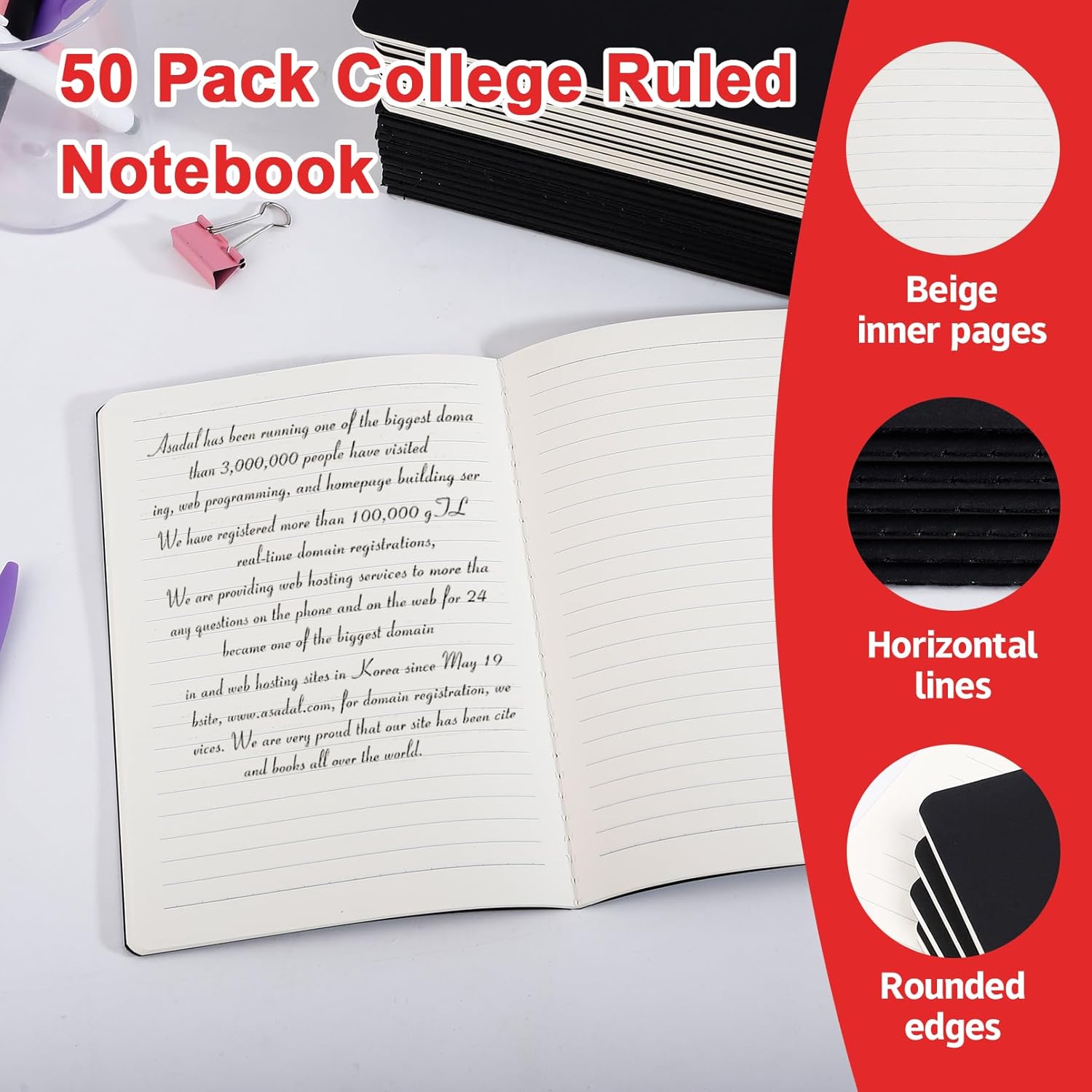 50 Pack Kraft Notebooks, A5 Lined Journal, Black Cover College Ruled Travel Notebook, 5.5x8.3 inch, 60 Pages/30 Sheets