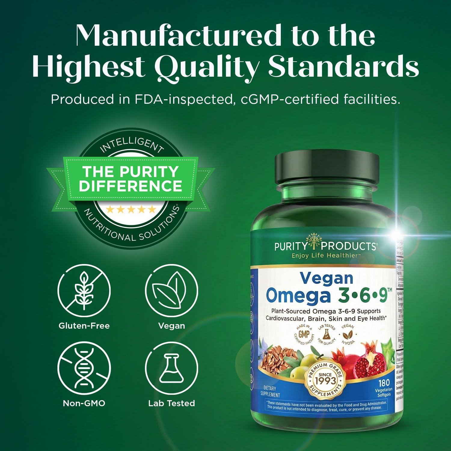Purity Products Vegan Omega 3 6 9 Formula - “5 in 1” Essential Fatty Acid Complex - Scientifically Formulated Plant-Based Vegan Omega 3-6-9 Essential Fatty Acids (EFA) - 3 Month Supply - 180 Softgels