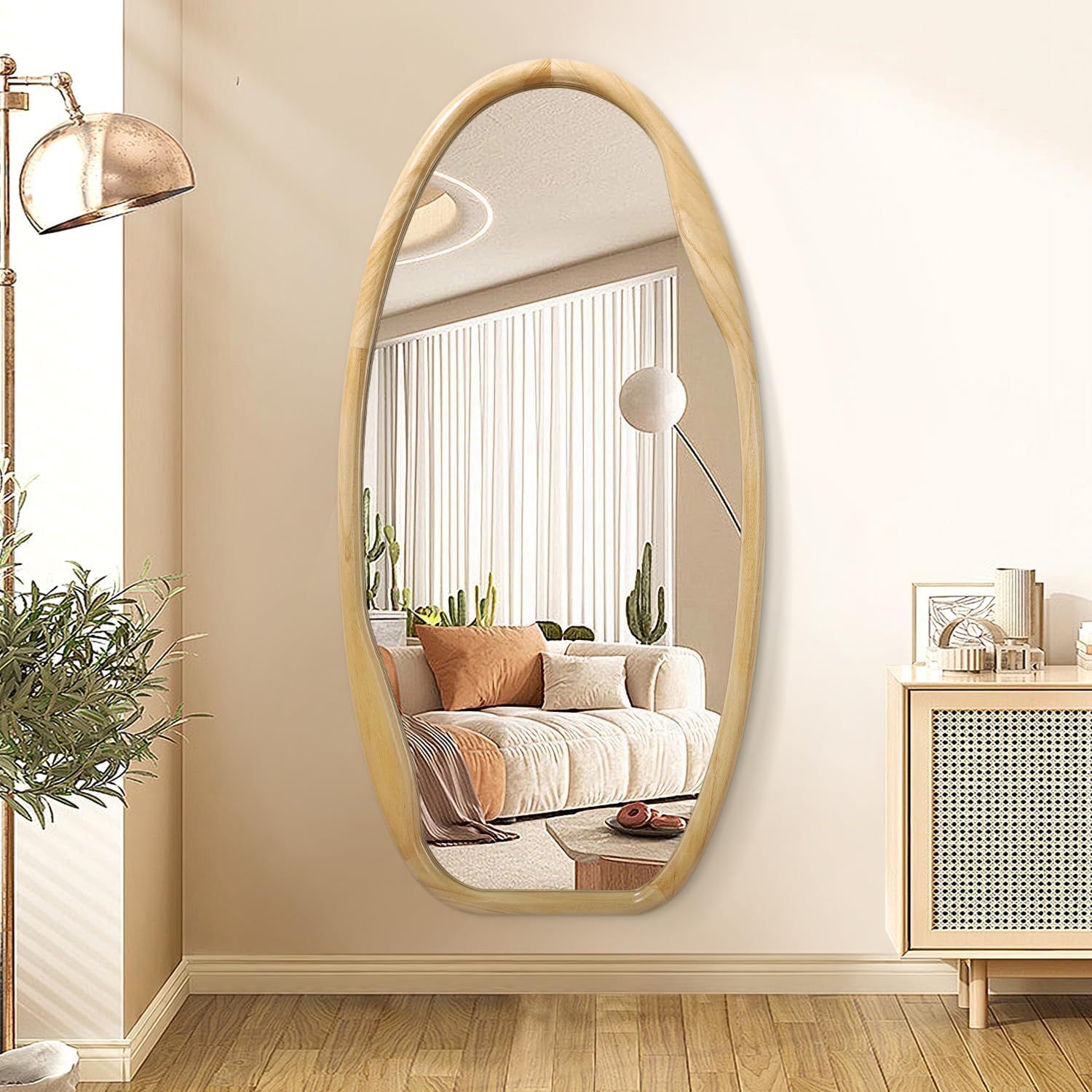 JJUUYOU Irregular Wood Frame Wall Mirror Asymmetrical Mirrors for Wall 100x50 cm Decorative Wooden Hanging Mirror for Bathroom Bedroom Living Room Cloakroom Entryway Wood