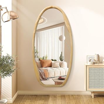 JJUUYOU Irregular Wood Frame Wall Mirror Asymmetrical Mirrors for Wall 100x50 cm Decorative Wooden Hanging Mirror for Bathroom Bedroom Living Room Cloakroom Entryway Wood