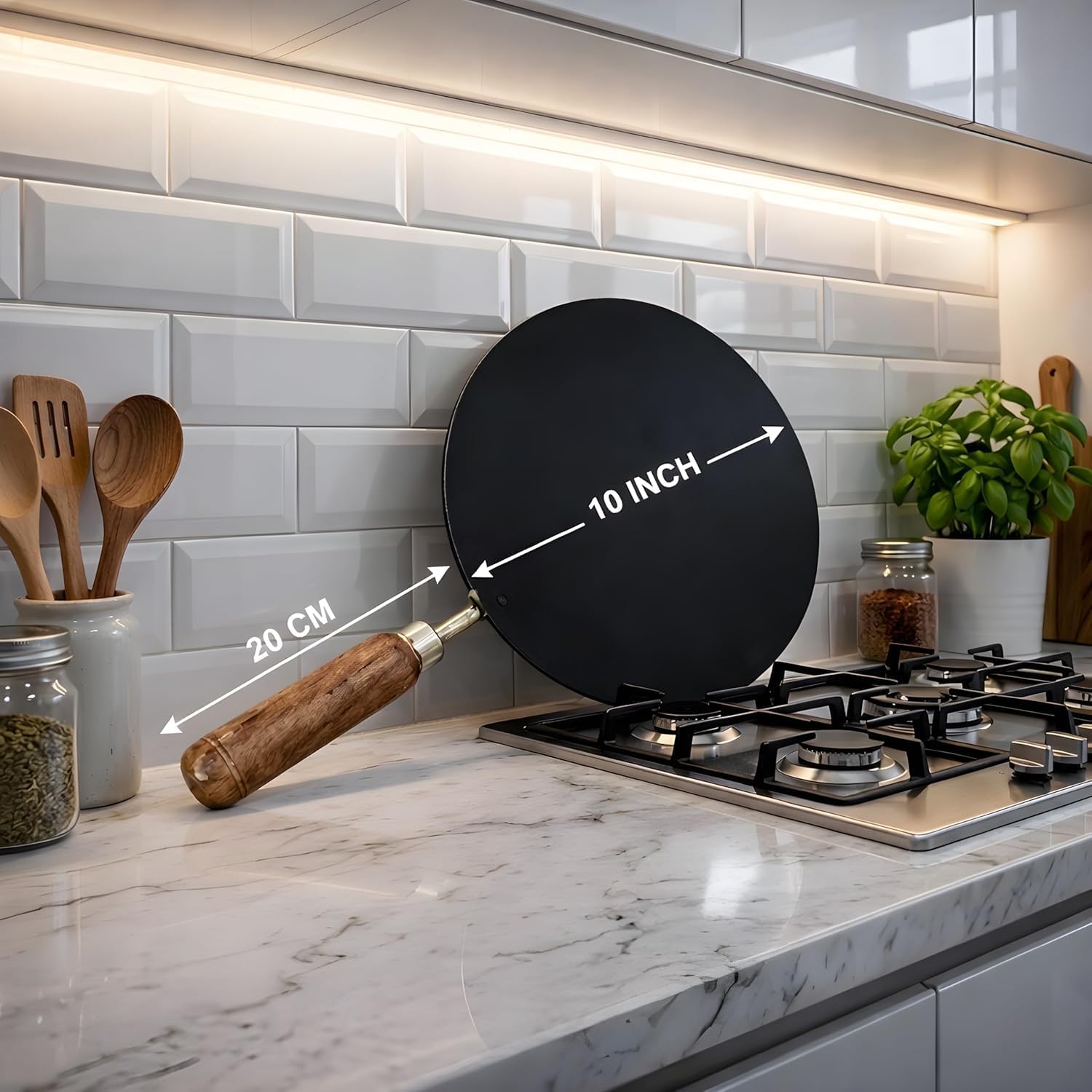 Pure Iron Tawa with Wooden Handle, Curved Surface, Heavy Base, Multipurpose Roti/Chapati Pan, 1.2 KG