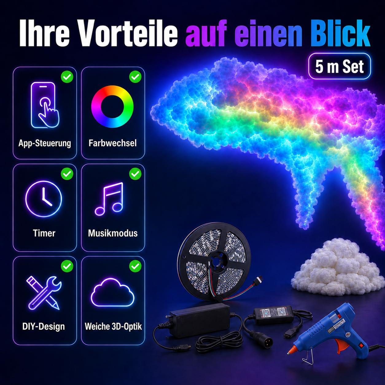 Rgb-Gewitterwolkenlampe Intelligente Led-Nachtlichter Sehr Coole Diy-Kreativwolkenlichter, Schlafzimmer-E-Sport-Raumdekor füR Verschiedene Festivals,Rgb,16ft/5m
