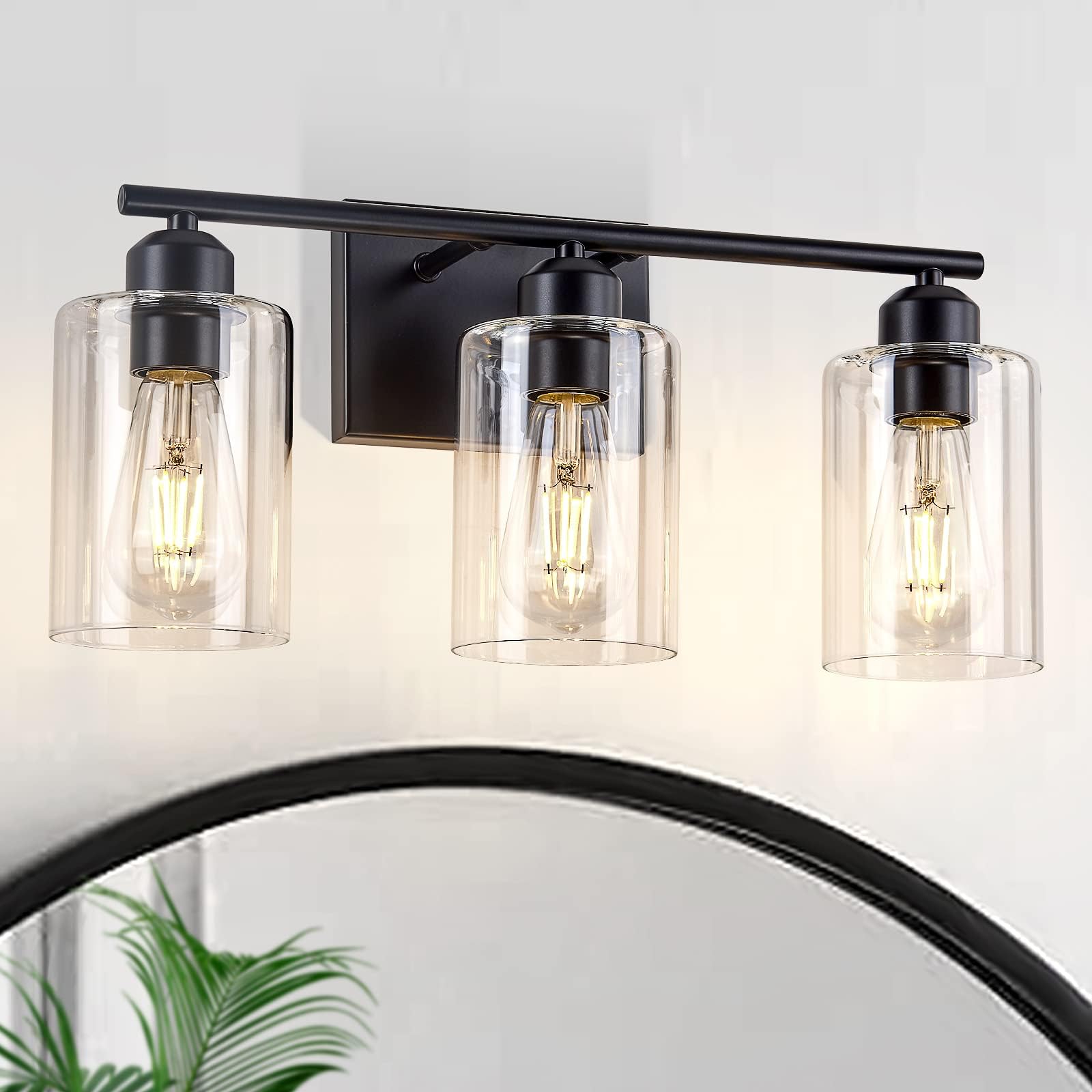 Bathroom Vanity Light Fixtures, 3-Light Bathroom Wall Light Matte Black Bathroom Wall Lamp Modern Wall Sconce Lighting with Clear Glass Shade for Mirror Bedroom Powder Room Hallway(17.7 Inch)