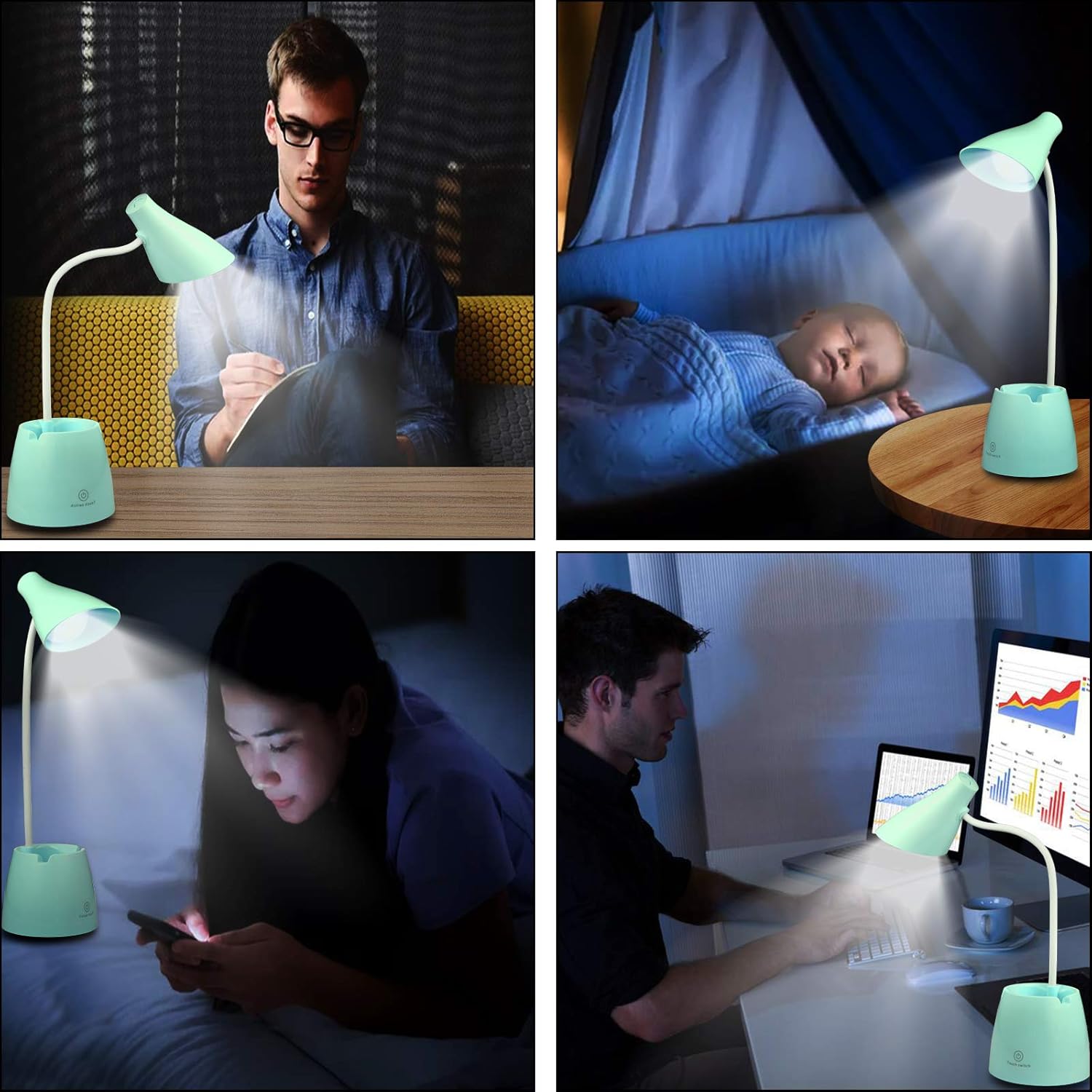 Desk Lamp LED, Desk Lamps with 3 Lighting Modes and Stepless Dimming, Desk Light 360 ° Flexible Gooseneck with Pen Holder & Mobile Phone Stand for Reading Kids Dorm (Green)