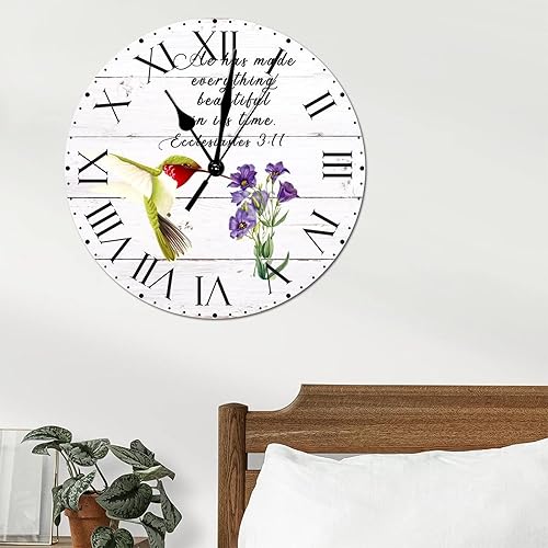 Miniatura 99 de ArogGeld He Made Everything Beautiful - Reloj de pared de PVC con flores rosadas, colibrí, reloj de pared grande con cita y números romanos, reloj