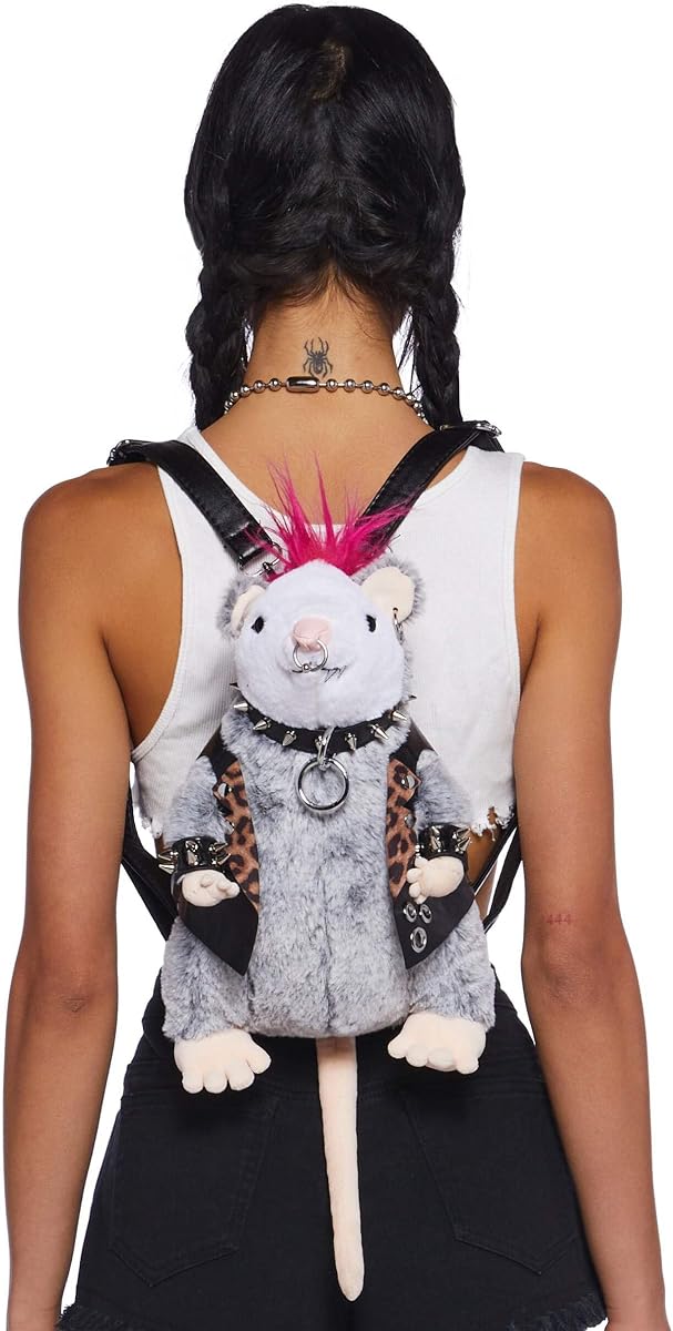 Mochila de felpa Dolls Kill Mosh Pit Possum de Club Exx – Mochila Furry Punk Possum con tachuelas y correas ajustables