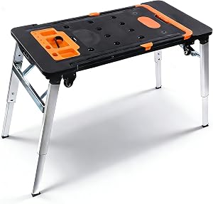 7 in 1 Work Benches Multifunctional Folding Work Table for Garage, Portable Workbench, Sawhorse, Scaffold, Platform, Mobile Workbench, Dolly and Hand Truck, with 4 Wheels