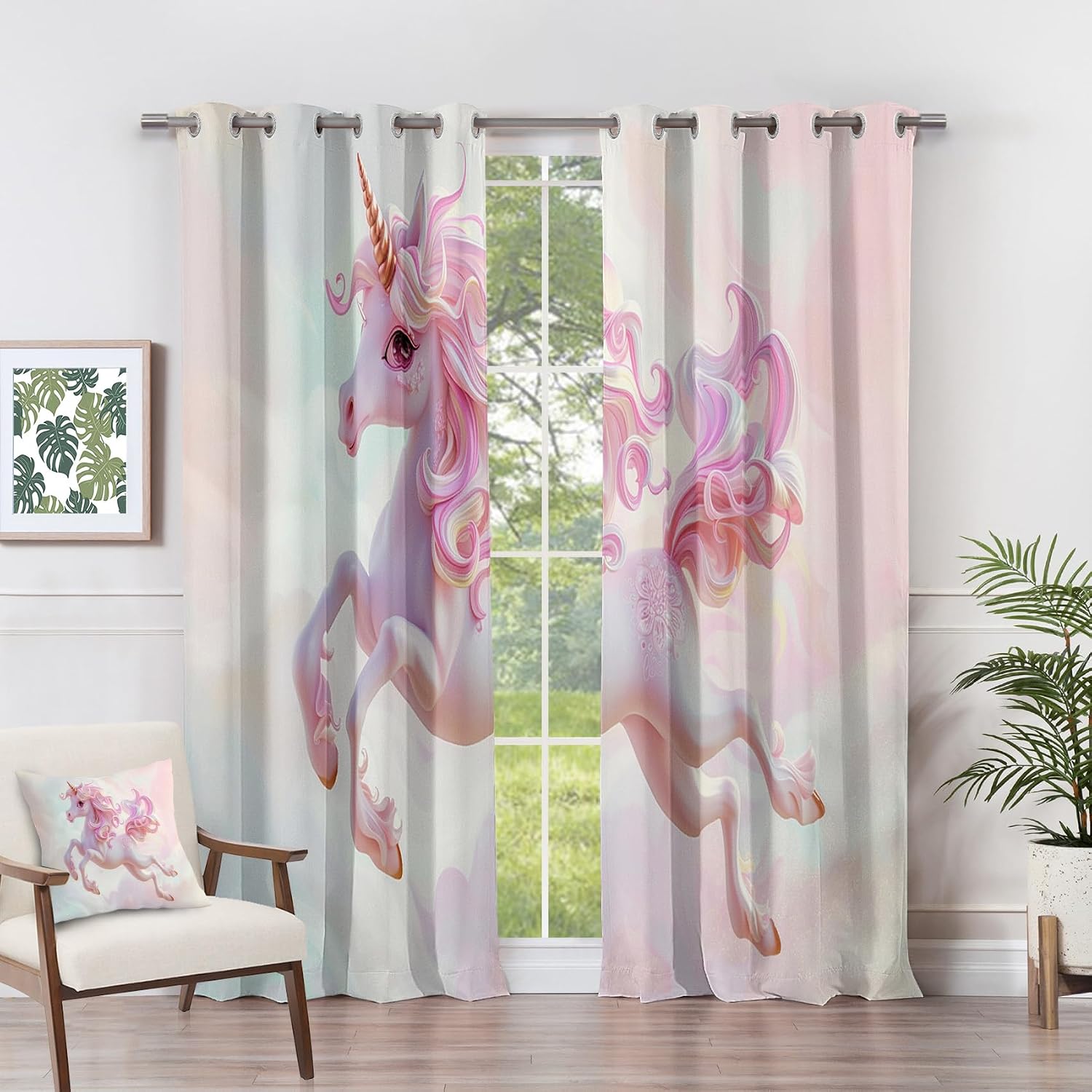 Unicorn Curtains 63 Inch Length - Pink Fantasy Animal Girls Dreamy Patterned Blackout Curtains for Living Room Bedroom, Room Darkening Grommet Drapes Window Treatments, 2 Panel Set