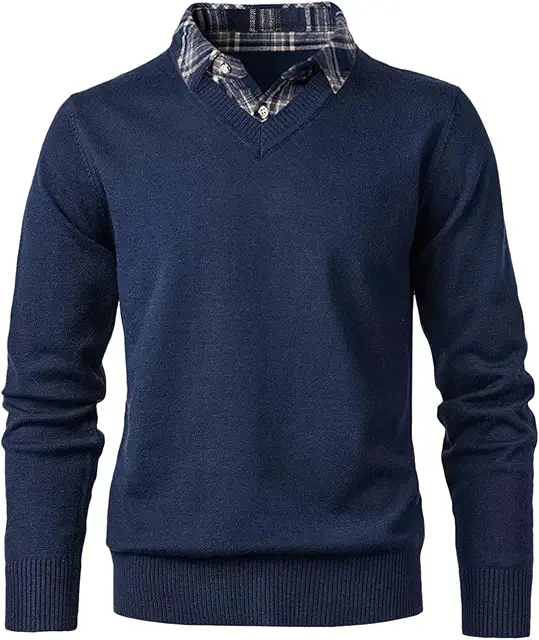 Men's V-Neck Fleece Lined Sweater with Fake Shirt Collar