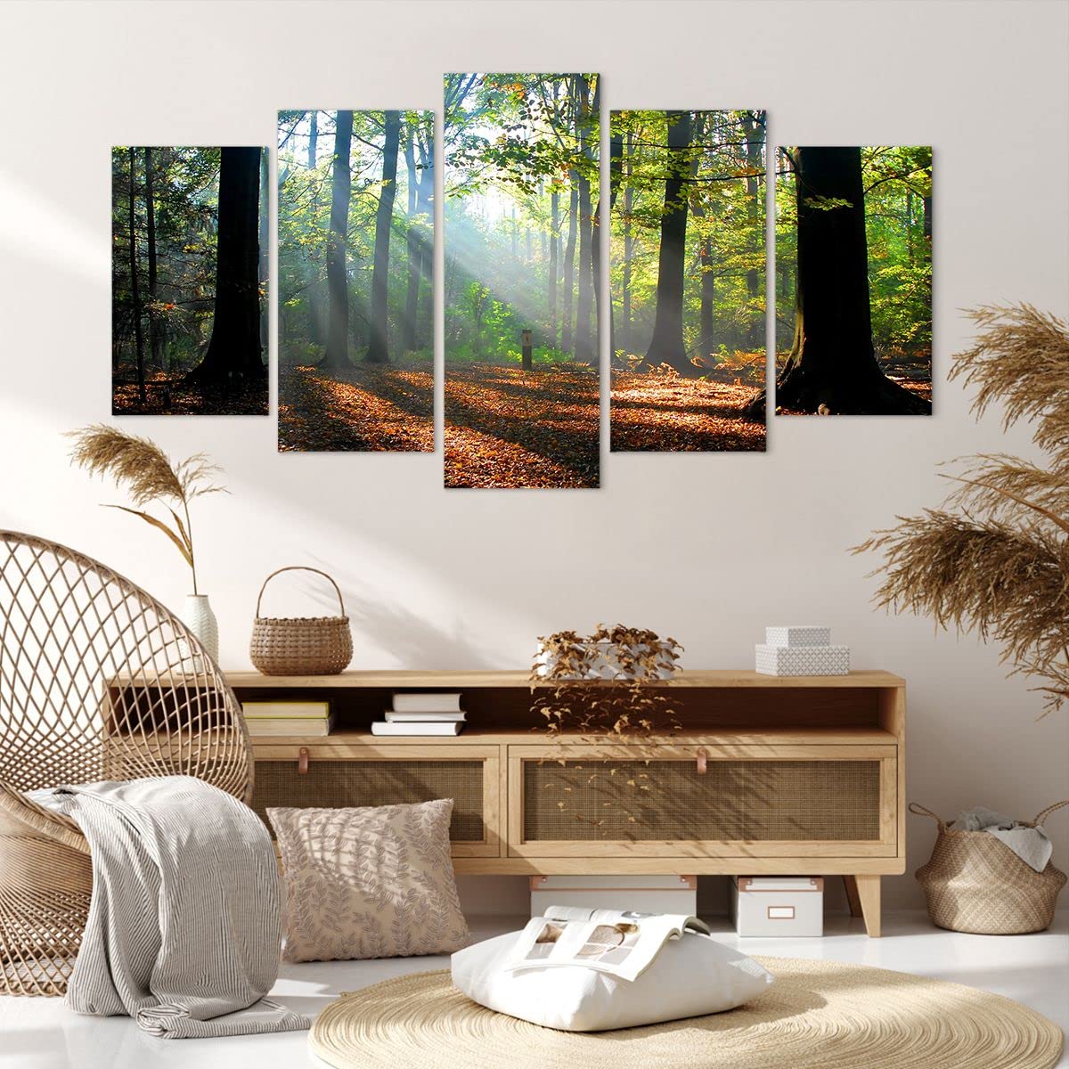 Cuadros Sobre Lienzo Moderno, Tríptico 5 Piezas, Tema Otoño/bosque, Tamaño Total 150x100 Cm