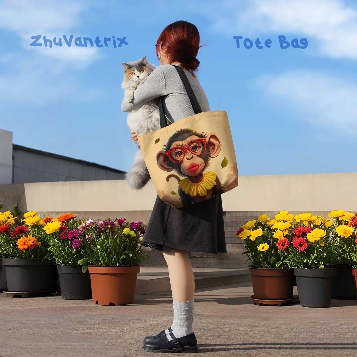 Funny Monkey Tote Bag Reusable Grocery Bags Aesthetic Shopping Shoulder Handbag with Interior Zipper Pocket Stylish Funny Monkey Present for Women - Image 6