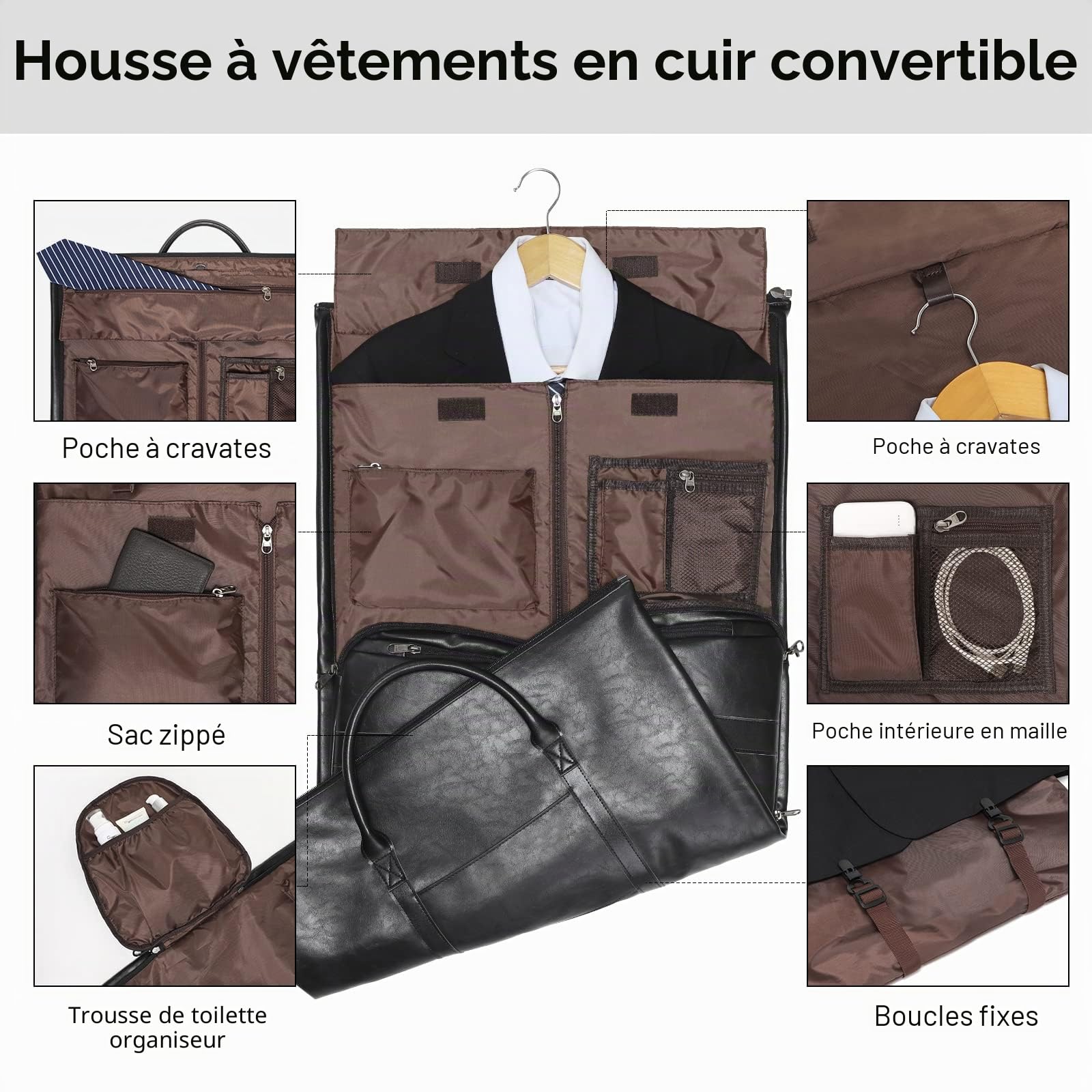 Modoker Sac à vêtements en cuir convertible, sacs à vêtements pour voyage, sac de voyage, Noir