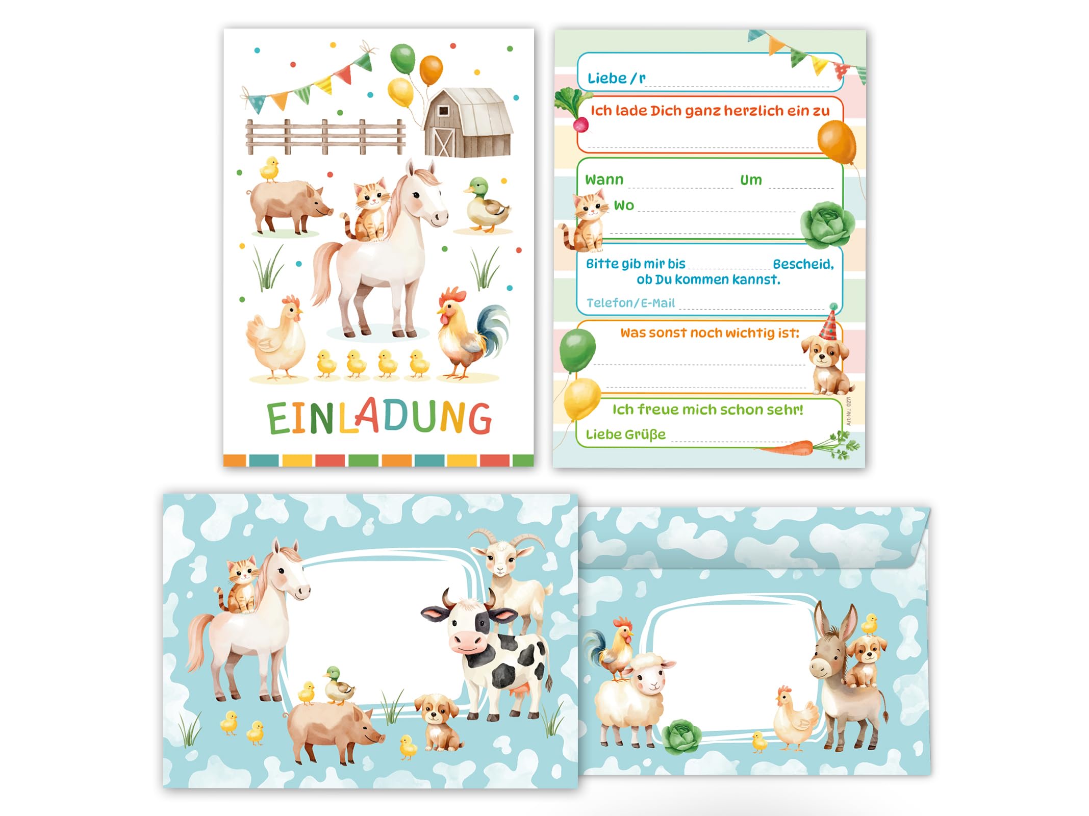 Junaversum 8 Einladungskarten inkl. 8 Umschläge zum Kindergeburtstag Bauernhof Kinder Jungen Mädchen coole bunte Einladungen Geburtstag Geburtstagseinladungen Kids