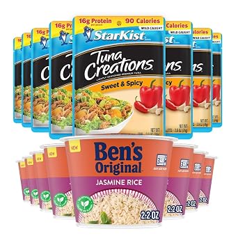 StarKist Sweet & Spicy Tuna Creations 2.6 oz Pouch with BENS ORIGINAL Jasmine Rice Single Serve Cups 2.4 oz Meal Bundle 8-Pack, 8 Quick and Easy Meals, Ready to Eat in Minutes