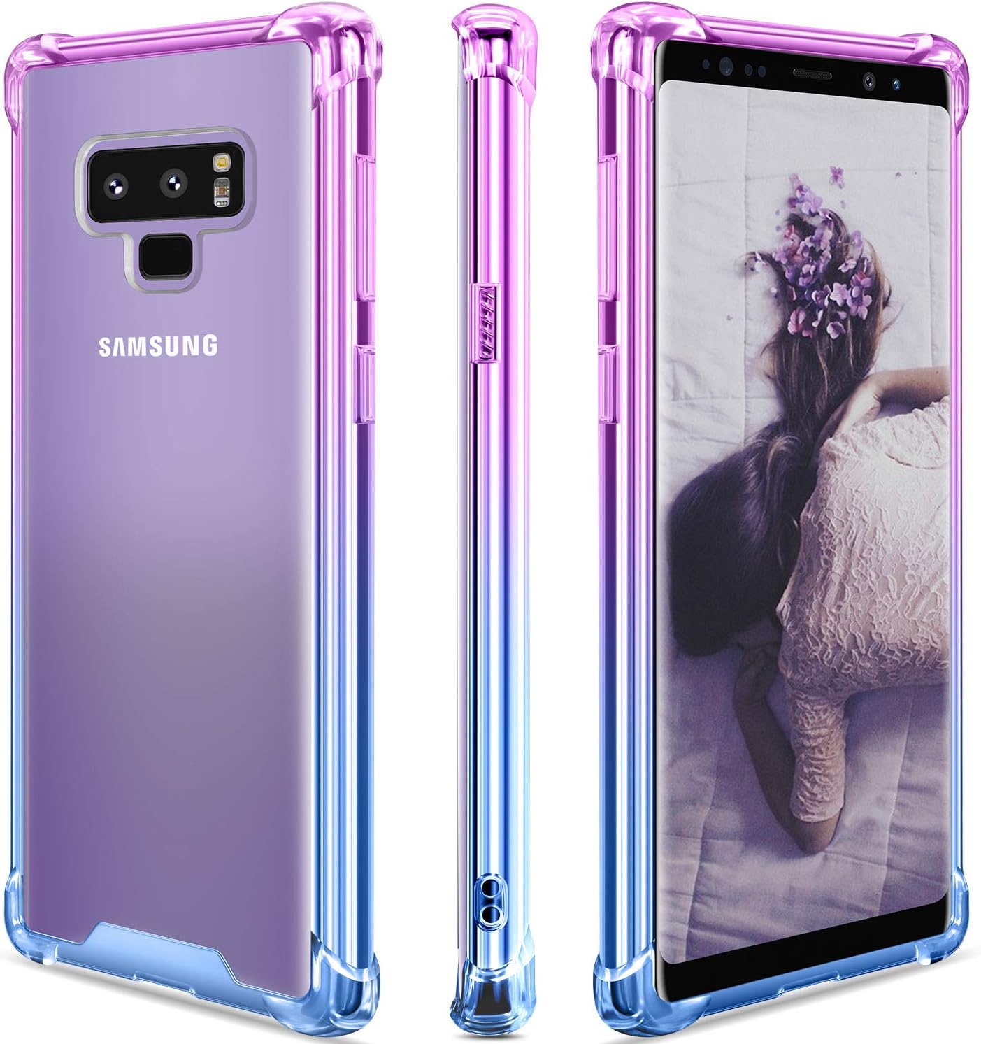 Samsung Galaxy Note 9 Case,Clear Note 9 Case Shockproof TPU Bumper Cases Non Slip Scratch Resistant PC Hard Back Protective Case Cover for Galaxy Note 9 -Purple Blue