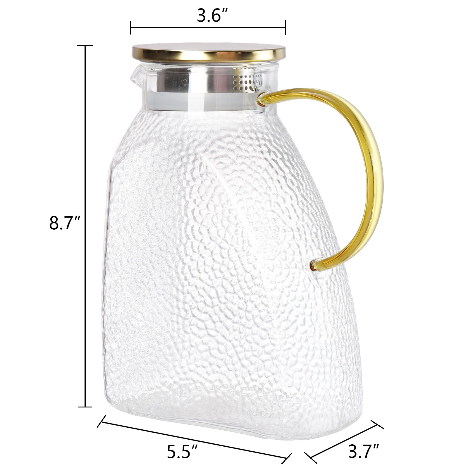Hedume Jarra de agua para puerta de nevera, 1.8 litros/60 onzas, jarra de nevera con tapa dorada de acero inoxidable, jarra de vidrio de borosilicato alto a prueba de fugas, jarra de té helado para