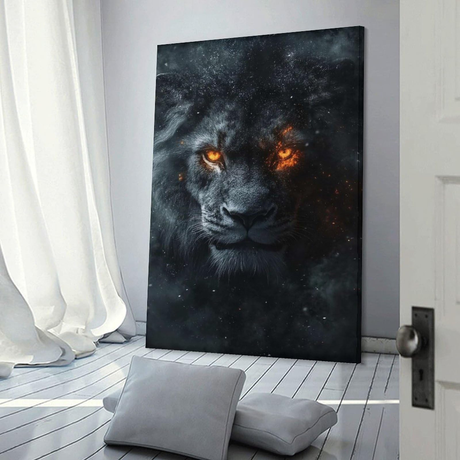 Junmoney Lion with Fiery Eyes Home Decor Wall Art, 24x36inch(60x90cm), for Apartment Walls, Studios Or Work Areas, Decorative Canvas Decor for Home Updates