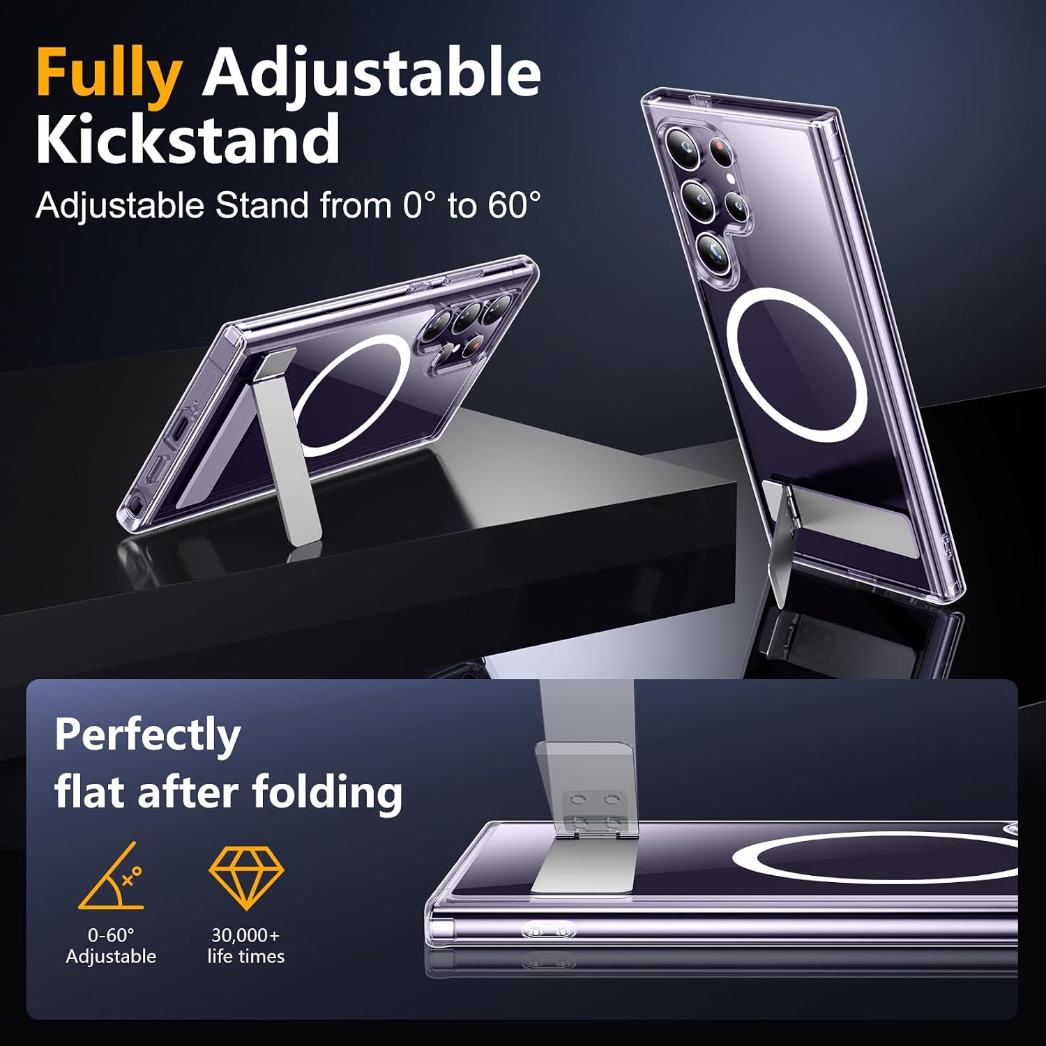 SPIDERCASE for Samsung Galaxy S24 Ultra Case, with Invisible Kickstand, Magnetic Case [Military Grade Drop Protection] [2 pcs Tempered Glass Screen Protectors] Shockproof Slim Case, Clear | with Invisible Kickstand