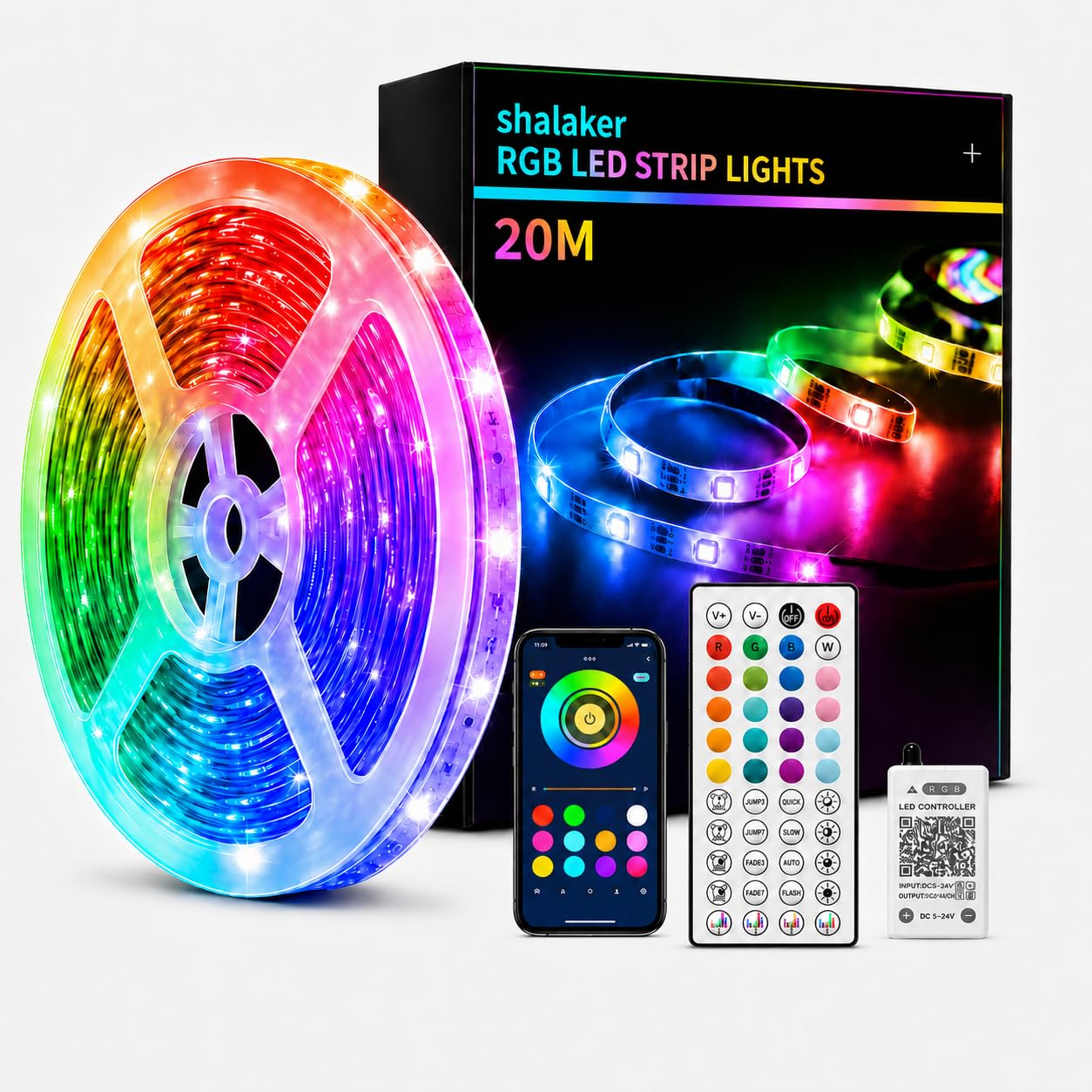 shalaker 20M RGB LED Strip Lights for Bedroom, Music Sync Colour Changing LED Tape with Bluetooth App & Remote, 16M Colours, Dimmable, Timing Mode, Self-Adhesive for Home Party Kitchen Decor