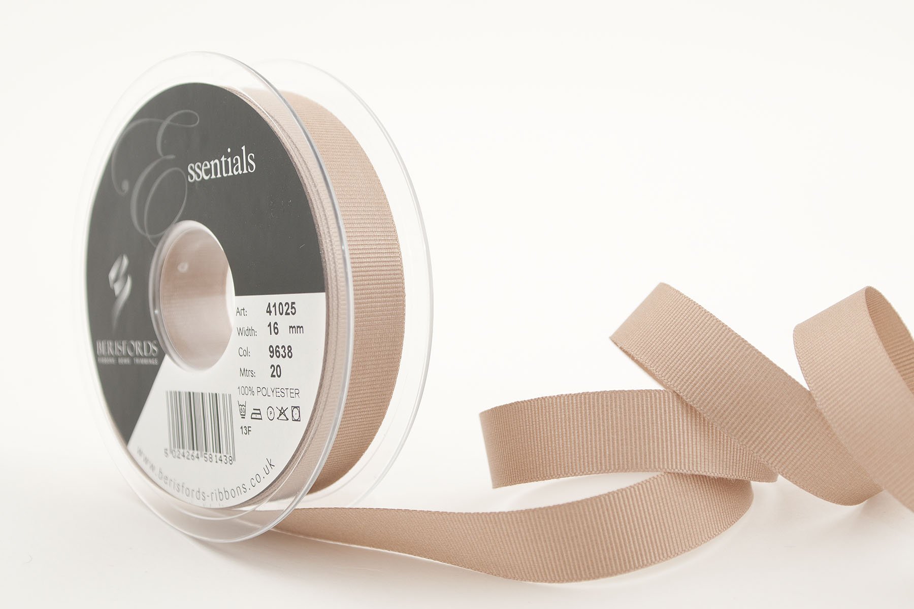 Berisfords 41025 20 m x 16 mm Polyester Grosgrain Ribbon, Bone
