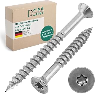 DSM – Holzbauschrauben Edelstahl A2 – 3,5 x 25 mm – TX10 Senkkopfschrauben – Unterkopfverstärkt mit Fräsrippen und Cut-Spitze – Schneidkerbe – Spanplattenschrauben mit ETA-Zulassung – 100 Stück