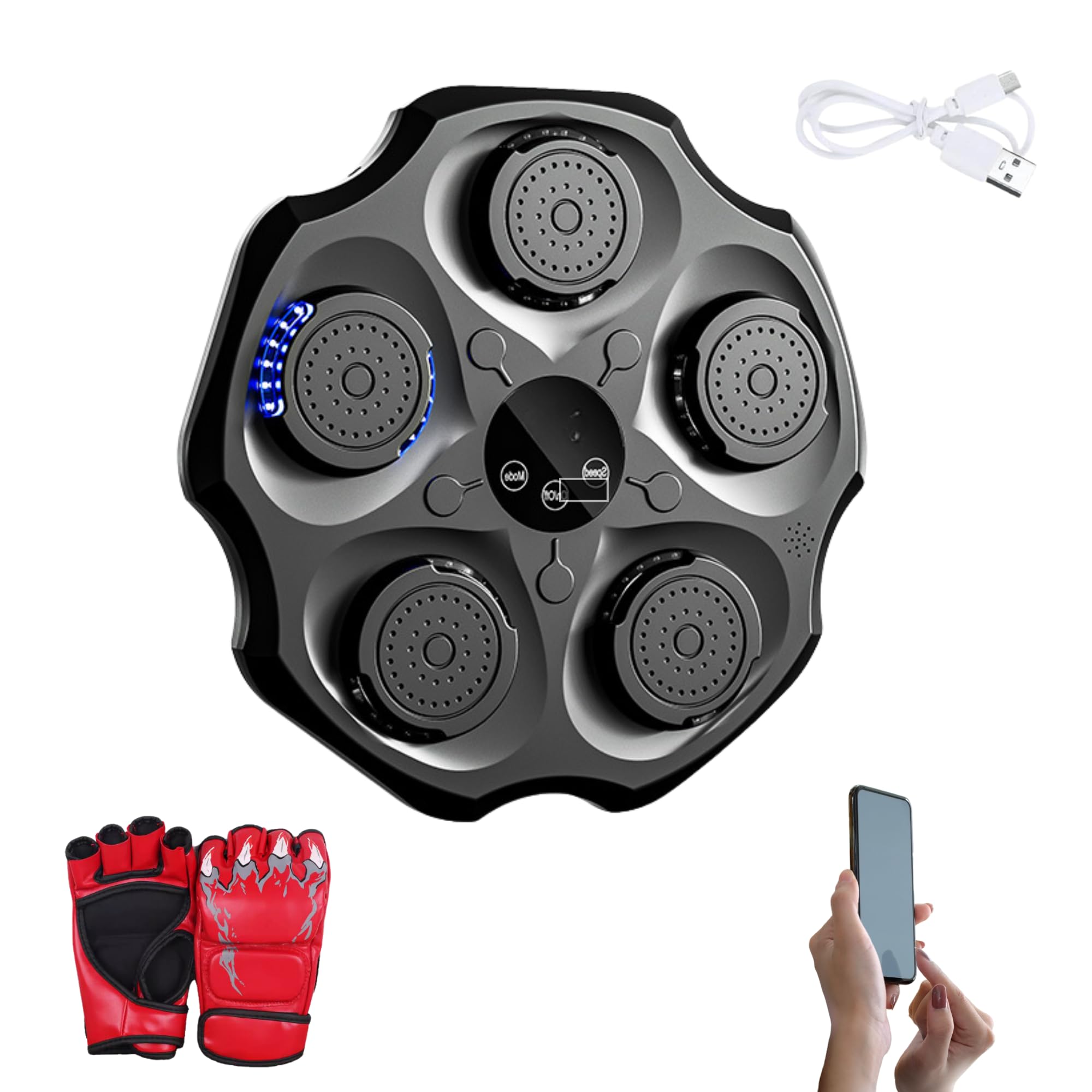 Macchina da Boxe Musicale. Attrezzatura da Allenamento da Parete con LED, Guantoni da Boxe, Bluetooth e Luci a Ritmo di Musica per Bambini/Adulti. (9 modalità, 43x43 cm)