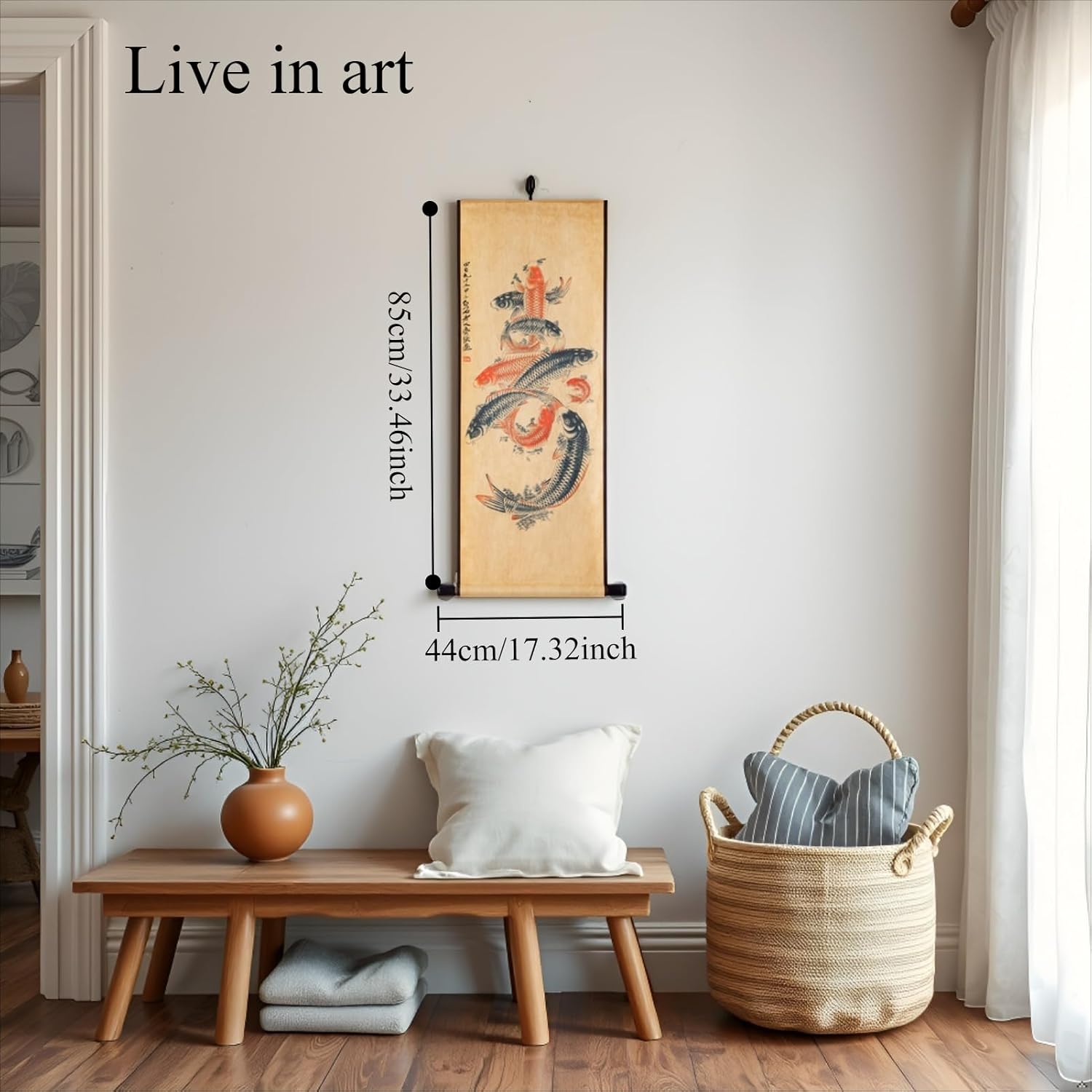 Koi Fish Wall Japanese Art Painting Poster, Feng Shui Yin Yang Paper Wooden Bar Framed Nine Fishes Zen Design for Home Entryway Asian Sushi Restaurant Decor (Asian feng shui, Large 17x33inch)