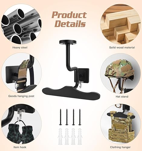 Miniatura 6 de MANNIFEN Soporte de pared para equipo táctico, estante de equipo de policía con soporte para casco, soporte de pared de madera maciza y casco