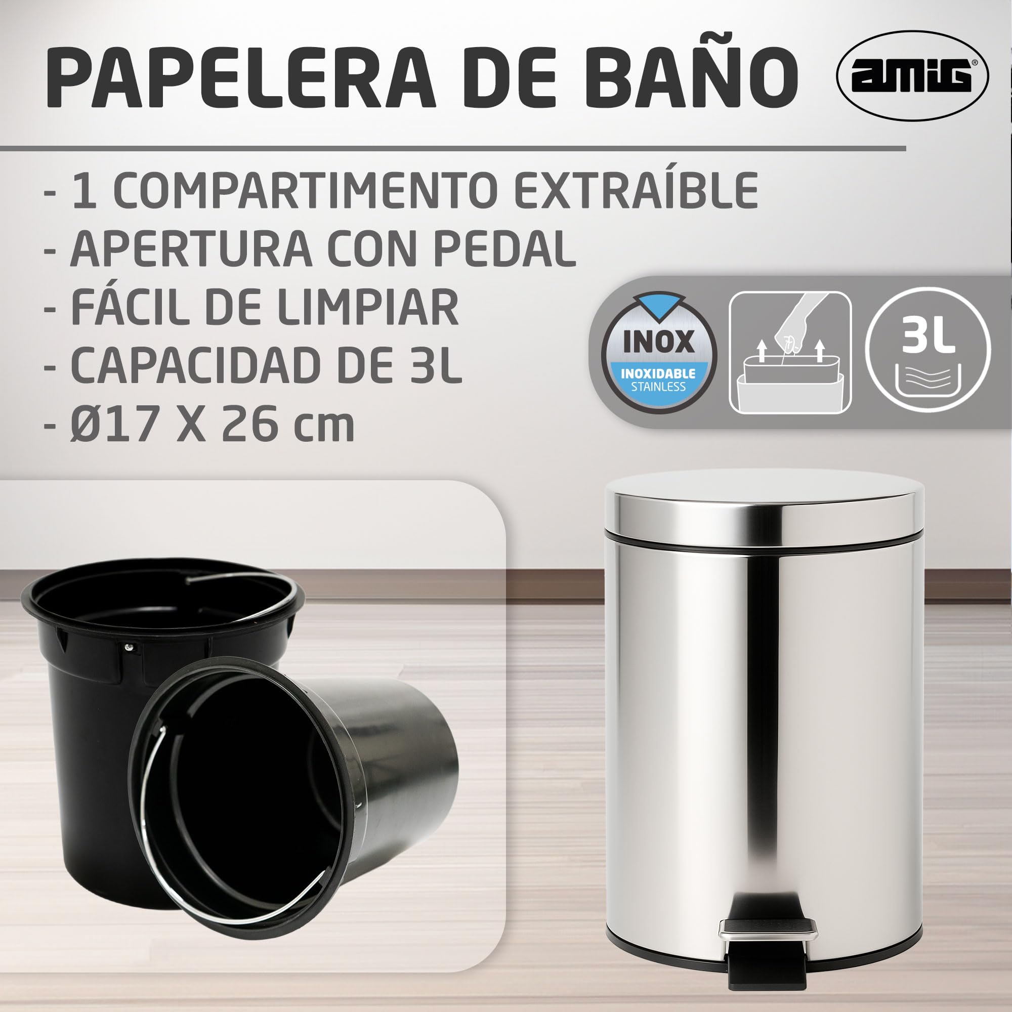 Amig - Cubo de Basura para Baño con Pedal 3 Litros Mod. Linea - Color Inox Pulido - Apertura Higiénica sin Manos - Ø16,8 x 25,5 cm - Acero Inoxidable - Papelera Redonda con Cubo Interior Removible