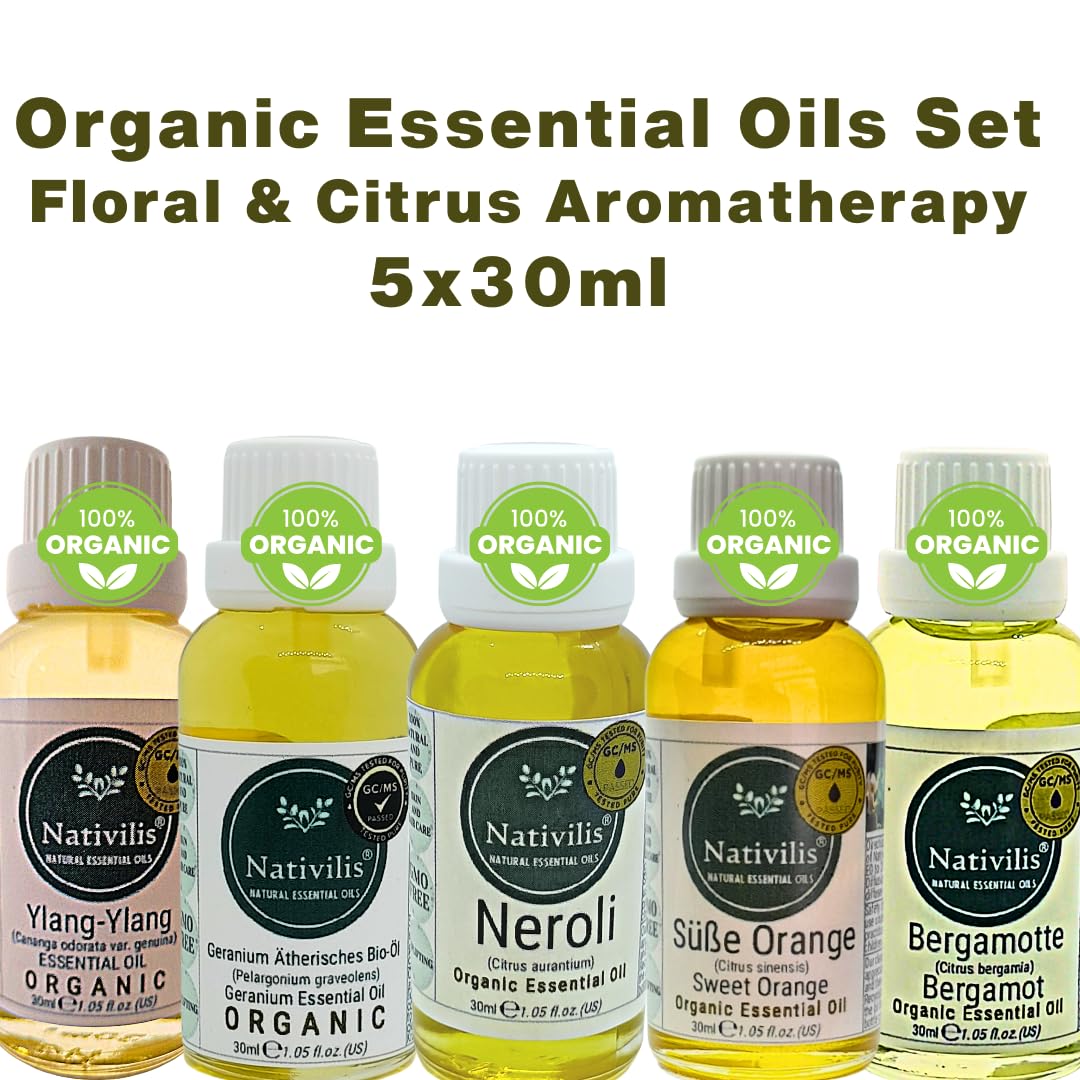 Nativilis - Juego de aceites esenciales orgánicos – Ylang-ylang, geranio, neroli, naranja dulce y bergamota, 5 x 30 ml, aromaterapia floral y cítrica para relajación y bienestar