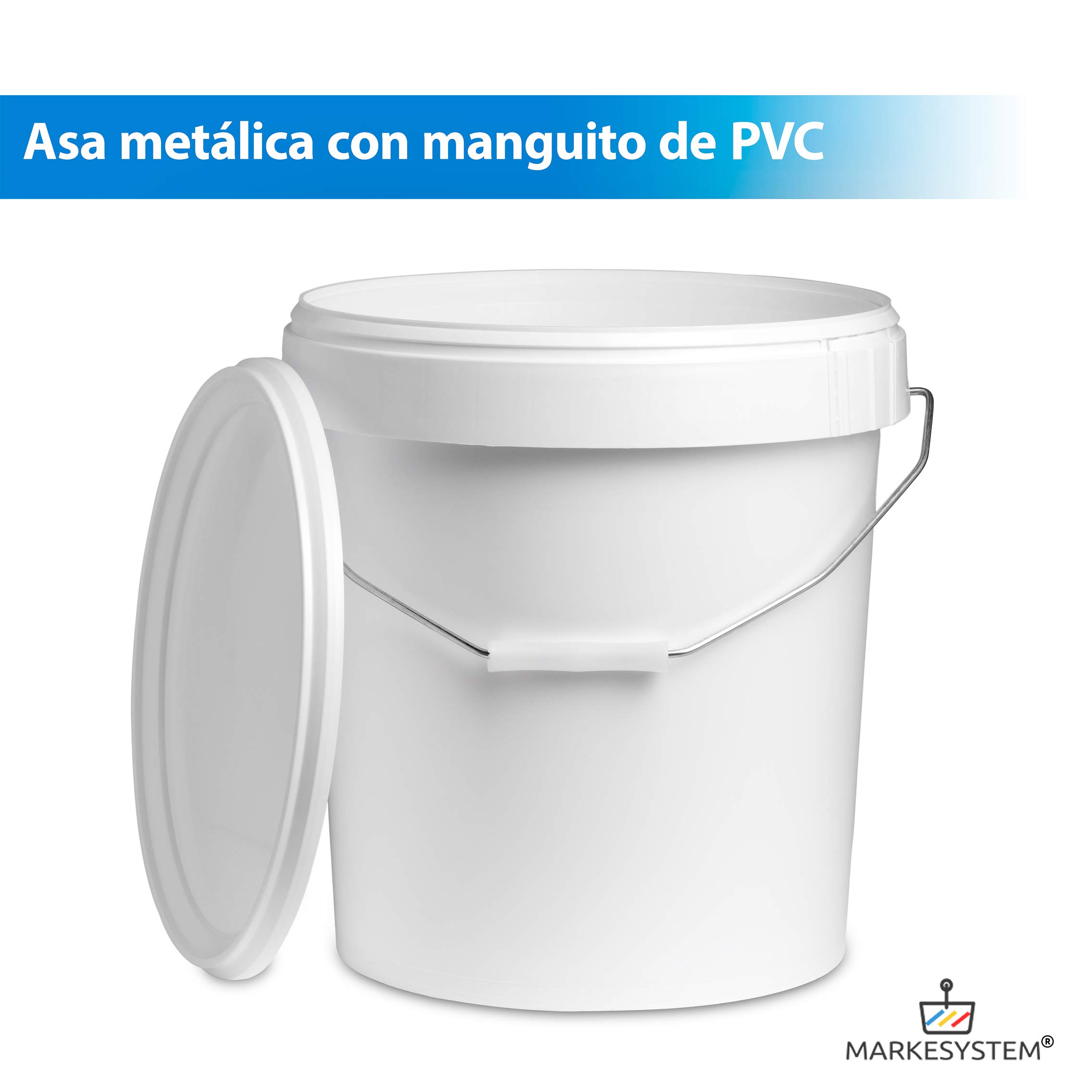MARKESYSTEM - Cubo VACIO Industrial Pack de 5 x 17,9 litros - Contenedores Hermeticos de Plástico con Tapa - Almacenaje de Sólidos, Líquidos y Pinturas - Polipropileno Blanco + Kit Etiquetado