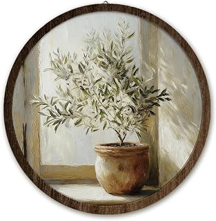 IORAFOUDUO Vintage Neutral Olive Tree Framed Wall Art Decor, Rustic Cottagecore Anitque Botanical Plant Painting Round Wall Hanging Decor for Bathroom Bedroom Living Room Home, 10x10 inch