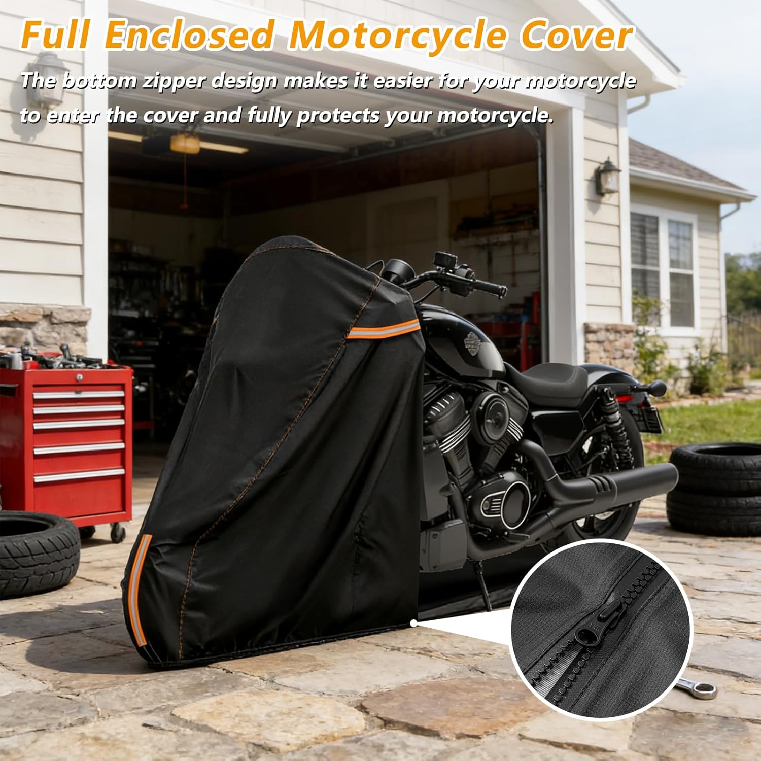 Full Enclosed Motorcycle Cover with Reflective Strips,Waterproof Outdoor Motorcycle Cover,Outdoor/Indoor Motorcycle Storage Cover Fits Heavy Duty Scooter/Moped/Dirtbike Motorcycles.104"W x 43"D x 59"H