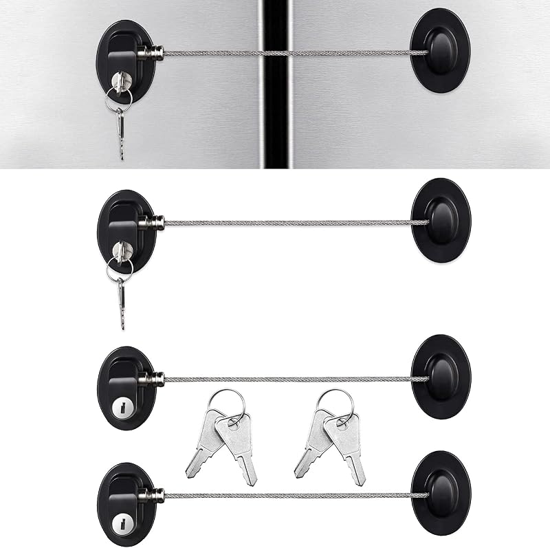 4 Pack Cabinet Locks with Keys Refrigerator Fridge Lock | Steel Wire Self Adhesive Replacement Child and Baby Proofing Safety for File Drawers Deep Freezer Doors Latch