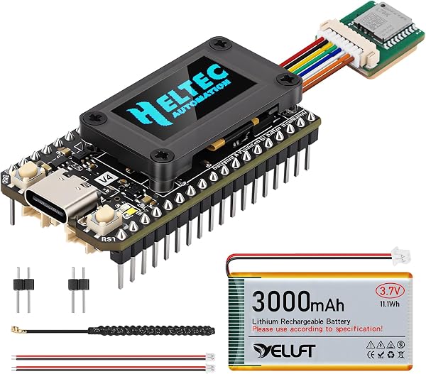 YELUFT Lot de 2 cartes de développement ESP32 LoRa V4 pré-soudées avec module GNSS, batterie de 3000 mAh, Wi-Fi intégré Bluetooth SX1262 868 MHz LoRa, écran OLED 0,96", interface USB-C pour Meshtastic - 1