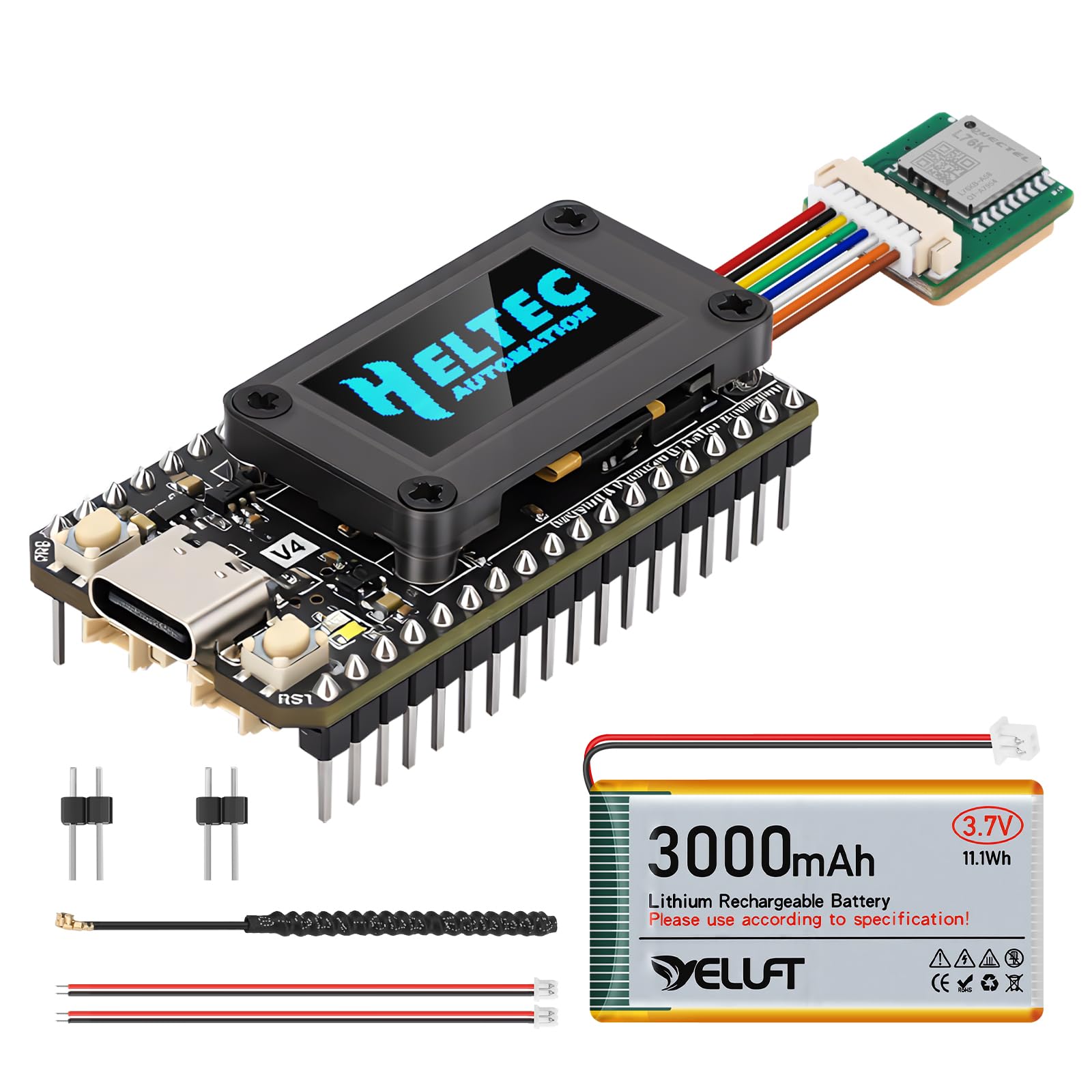 YELUFT Lot de 2 cartes de développement ESP32 LoRa V4 pré-soudées avec module GNSS, batterie de 3000 mAh, Wi-Fi intégré Bluetooth SX1262 868 MHz LoRa, écran OLED 0,96", interface USB-C pour Meshtastic - 2