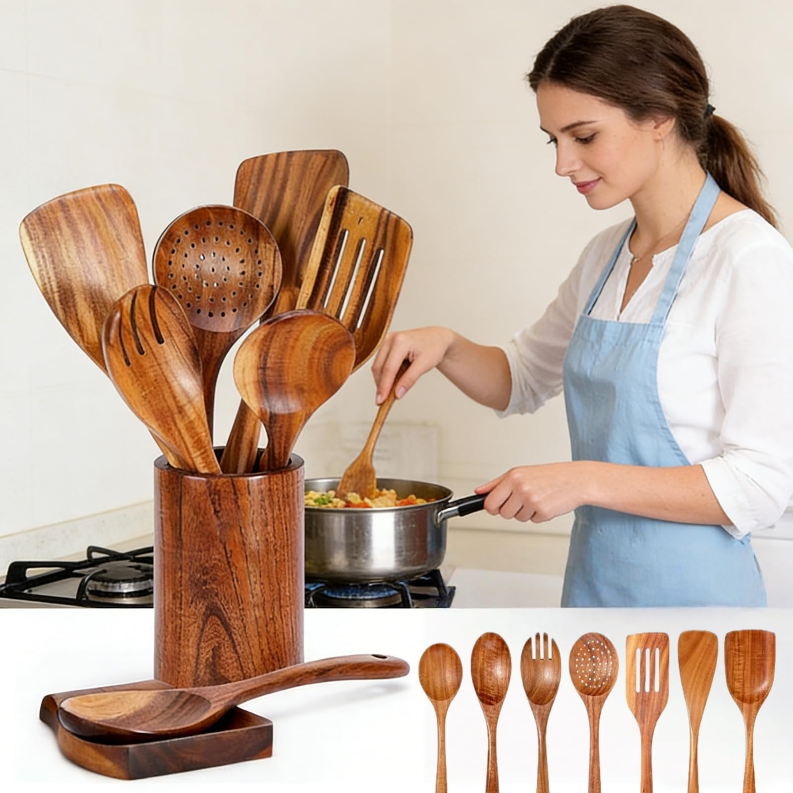 9-teiliges Holz Kochlöffel Set – Premium Teakholz Kochutensilien, ideal zum Rühren und Kochen, perfektes Kochbesteck für Ihre Küche