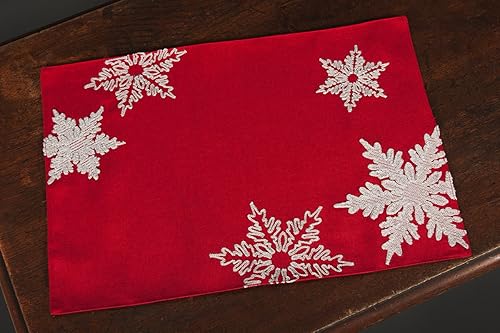 Miniatura 3 de XD17141 Glisten - Manteles individuales de Navidad bordados con copos de nieve, 14 x 20 pulgadas, juego de 4, rojo