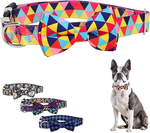 Collares para perros con corbatín con patrones geométricos coloridos, collares para cachorros pequeños con lazo, collar ajustable para perros XS,