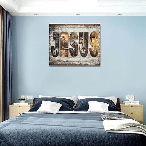 Vista 12 de Póster en lienzo con imágenes de Jesús, león y cordero, impresión en lienzo con texto en inglés "God Bible Christian Religios" para pared, pintura