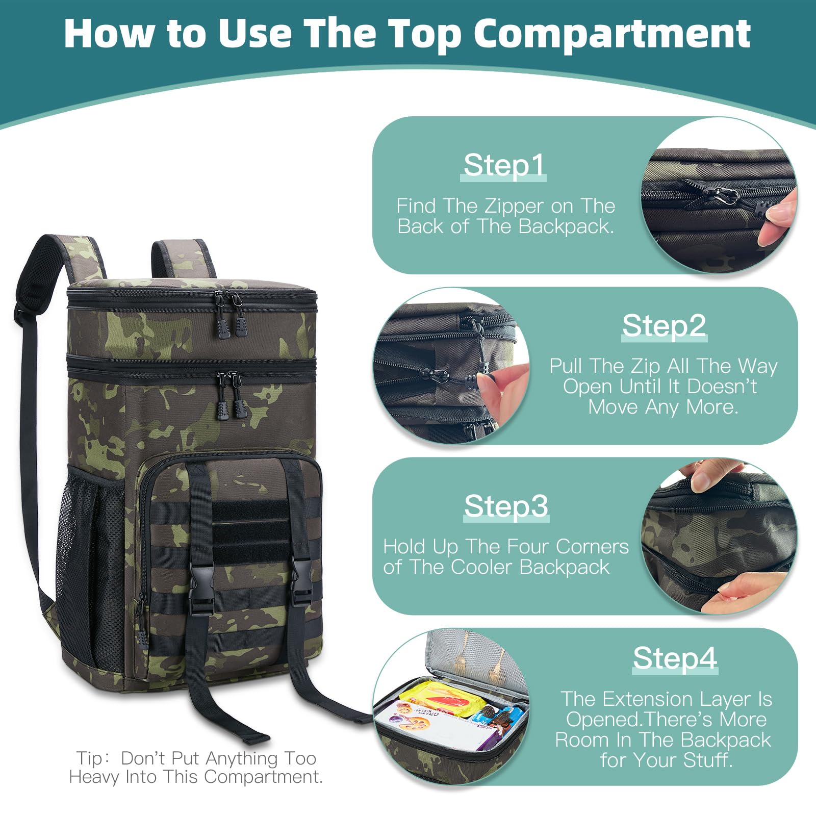 HSHRISH Kühlrucksack,Picknicktasche,erweiterbar wasserdicht auslaufsicher Kühltasche isoliert große Cooler Bag für Männer Frauen Wandern Reisen Camping Strand Picknick BBQ,30L schwarz Camo