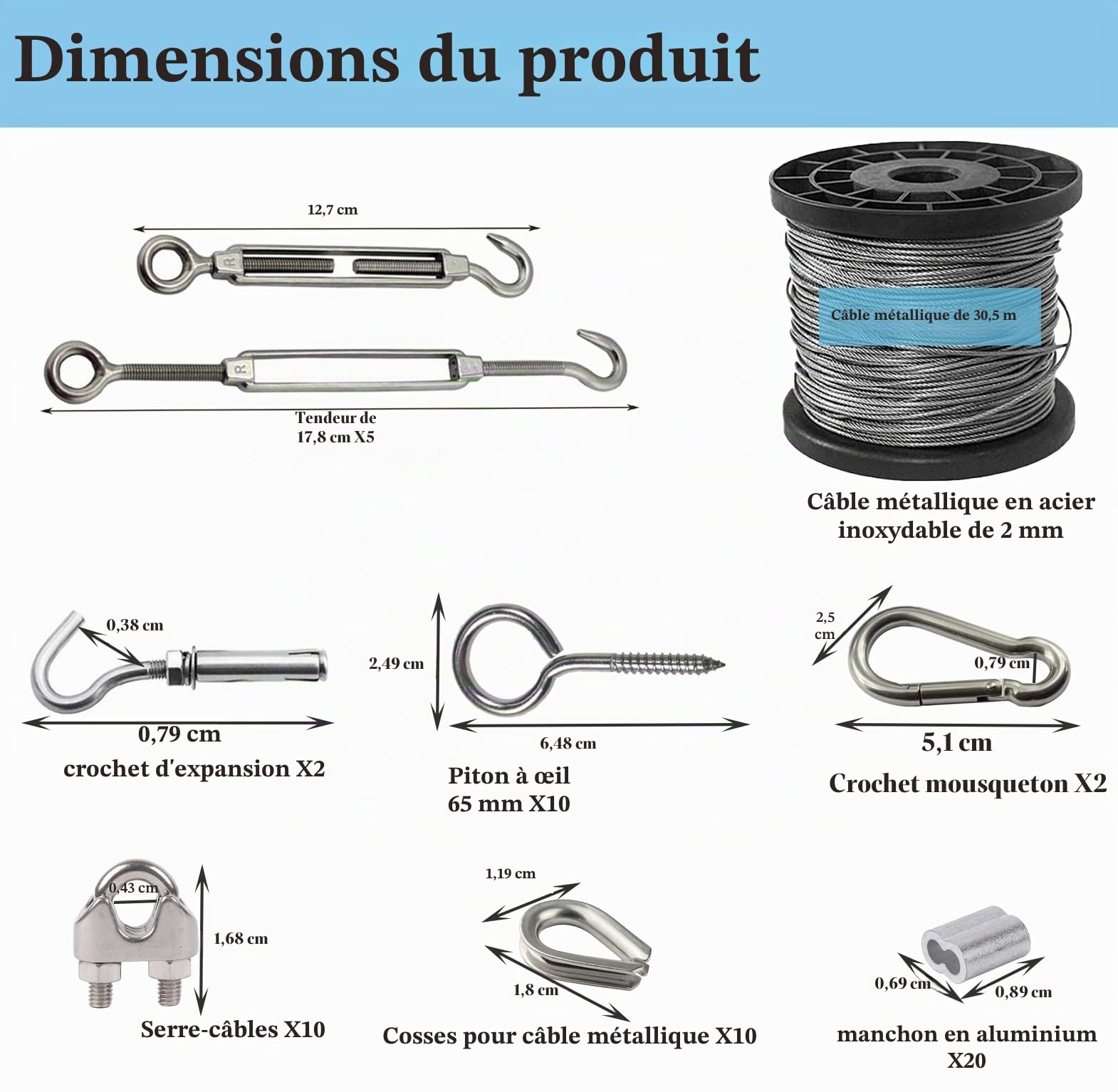Cable Acier 2MM,30M Cable Inox,304 Cable Acier Inoxydable,M5 Tendeur Cable Inox pour Cable Plante Grimpante Exterieur,Treillis et Projets DIY Extérieurs